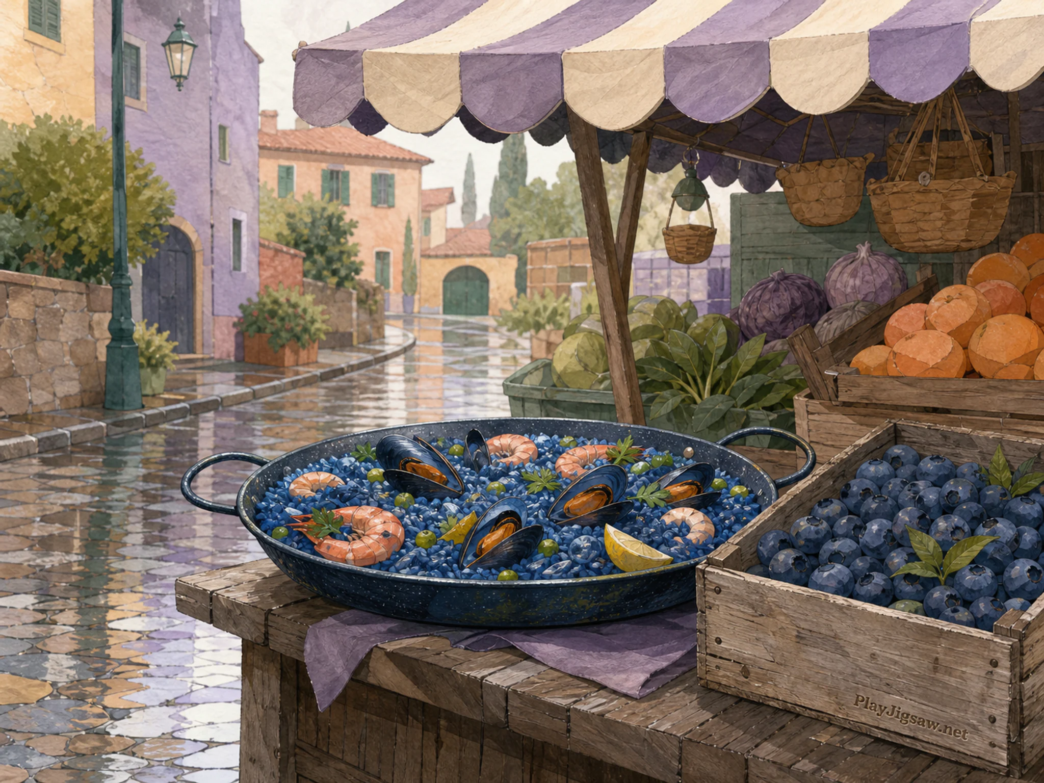 cobalt paella prepared naturally beside a wooden blueberry crate in a neighborhood produce stall under a striped canopy, with familiar objects and gentle rain with crisp.