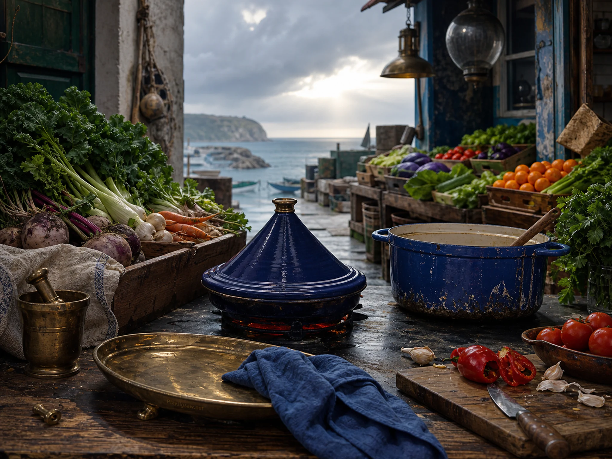 Indigo Tagine cooking near enameled cooking pot in a colorful produce market, composed as wide lateral workflow from raw material at left through transformation to finished state.