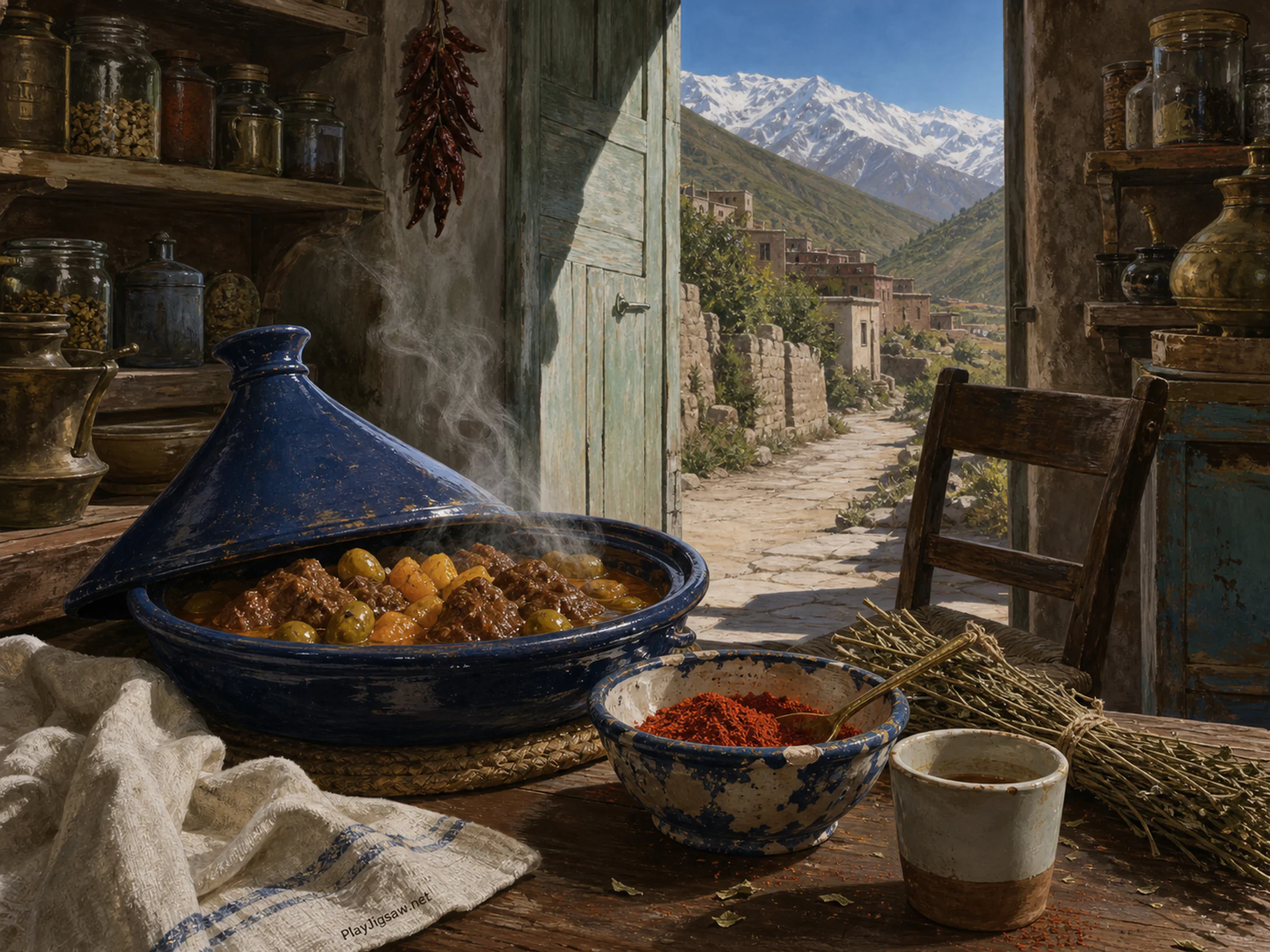 Indigo Tagine simmering beside hand-thrown spice bowl in a practical pantry workspace, composed as view from behind a foreground work surface toward a narrow diagonal route and a.