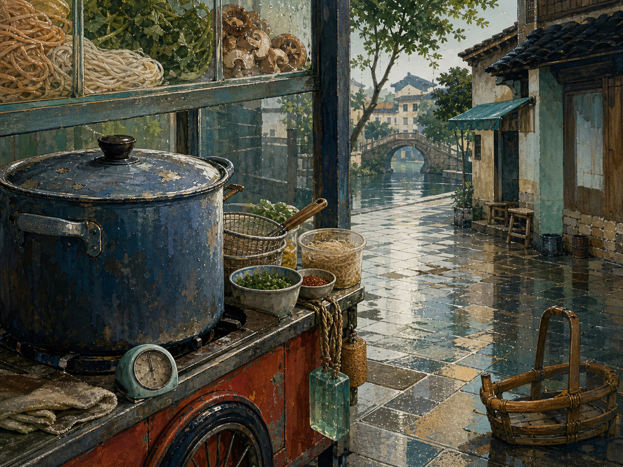 Night Noodle Cart cooking near enameled cooking pot in a bright confectionery display, composed as central negative-space corridor surrounded by asymmetrical clusters of large.