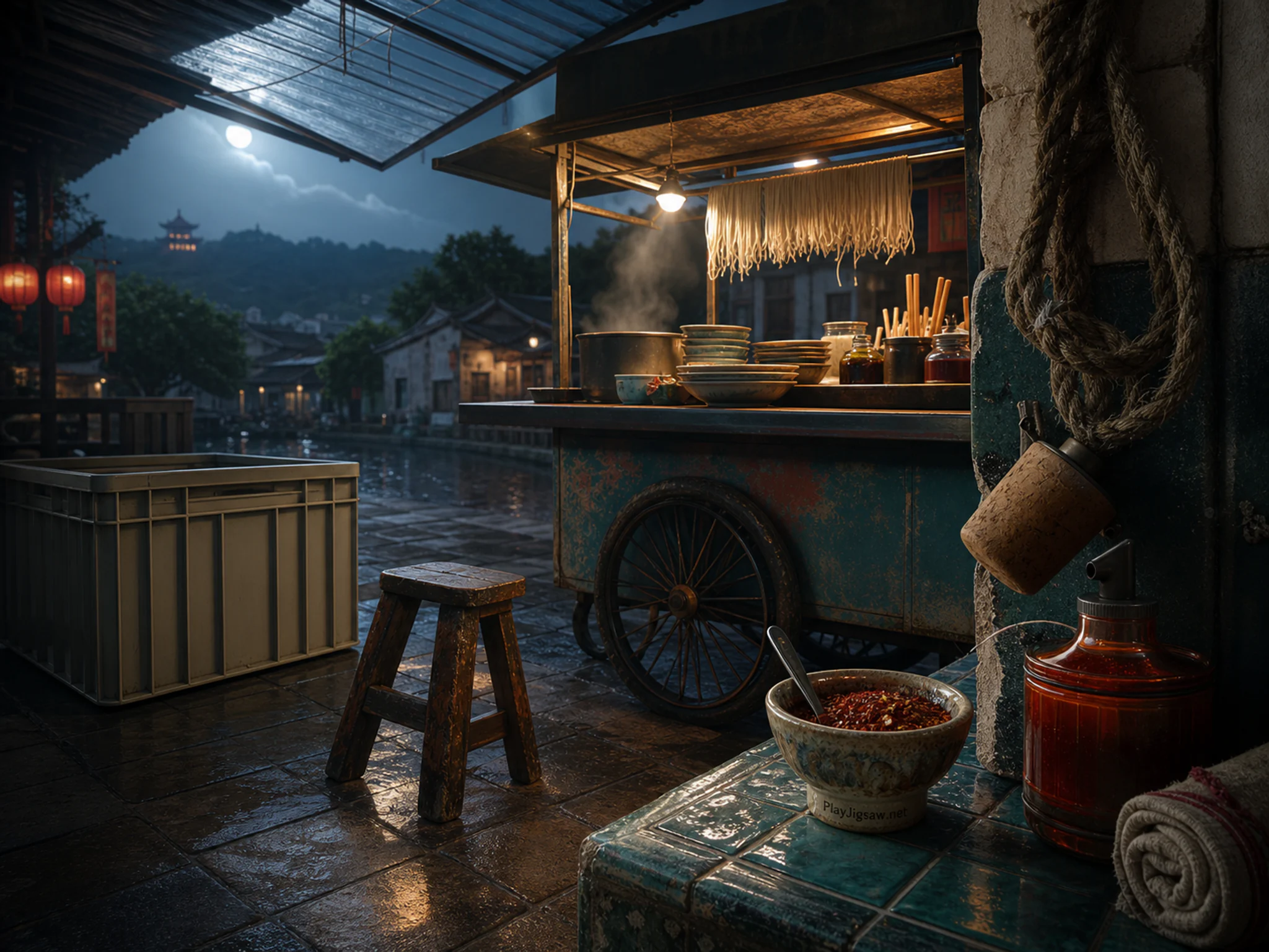 Night Noodle Cart being sorted beside labeled-free storage crate in a lively sheltered food stall, composed as corner-turn composition where the scene continues around an edge.