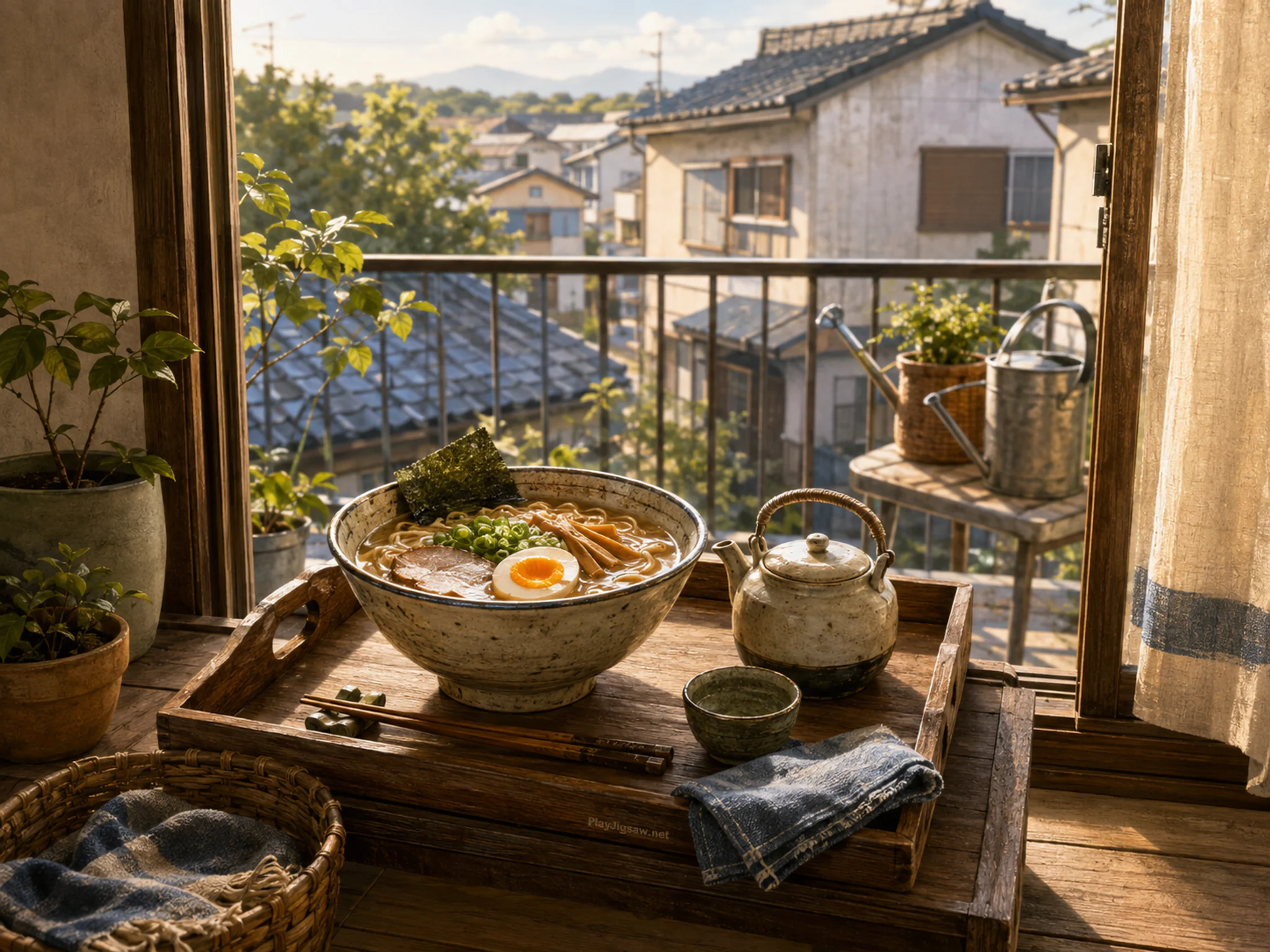 ramen counter prepared naturally beside a small teapot in an afternoon tea tray on a modest apartment balcony, with familiar objects and golden kitchen-window light.