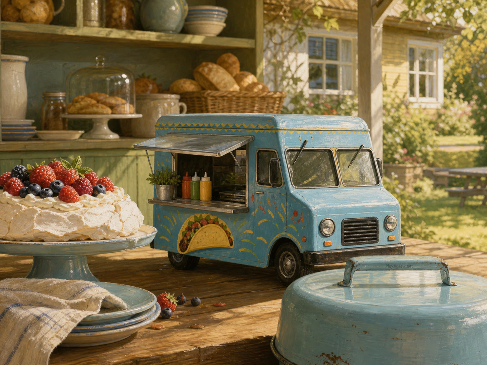 sunny taco truck prepared naturally beside an enamel cake carrier in a bakery picnic table with a berry pavlova and familiar plates, with familiar objects and warm late-day.