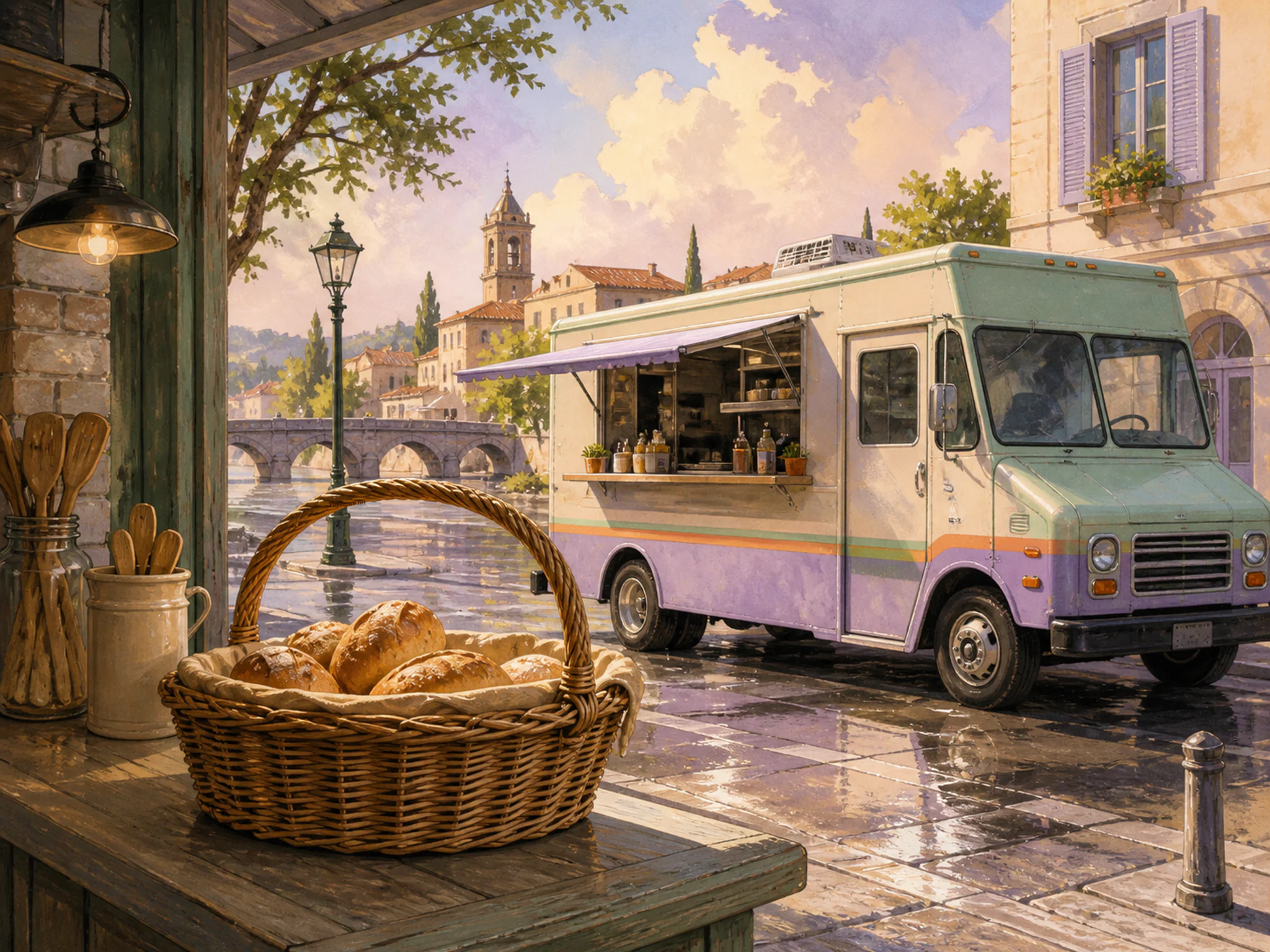 sunny taco truck prepared naturally beside a wicker bread basket in a corner bakery counter early in the morning, with familiar objects and sun after a brief rain shower.