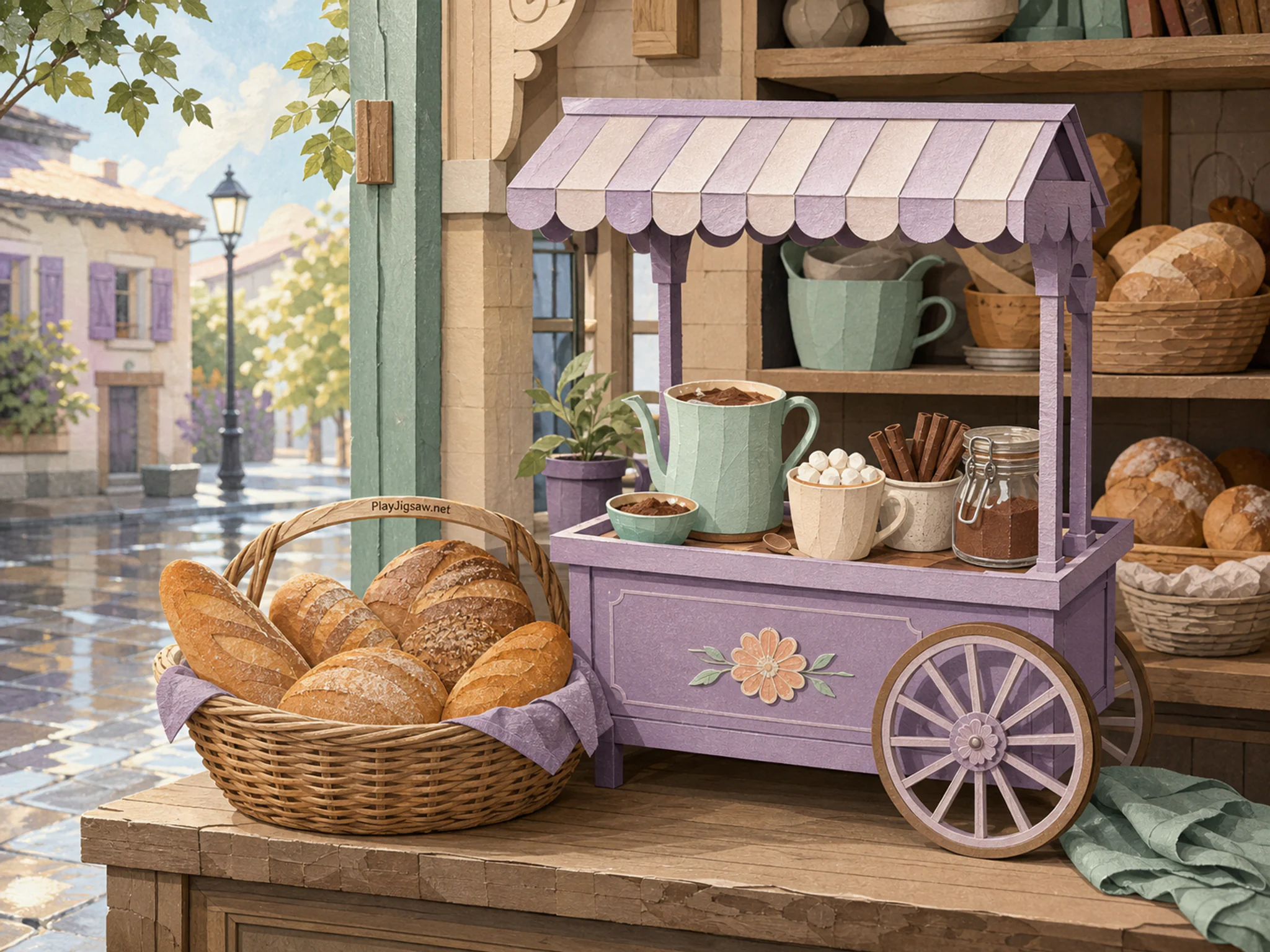 cocoa cart prepared naturally beside a wicker bread basket in a corner bakery counter early in the morning, with familiar objects and sun after a brief rain shower.