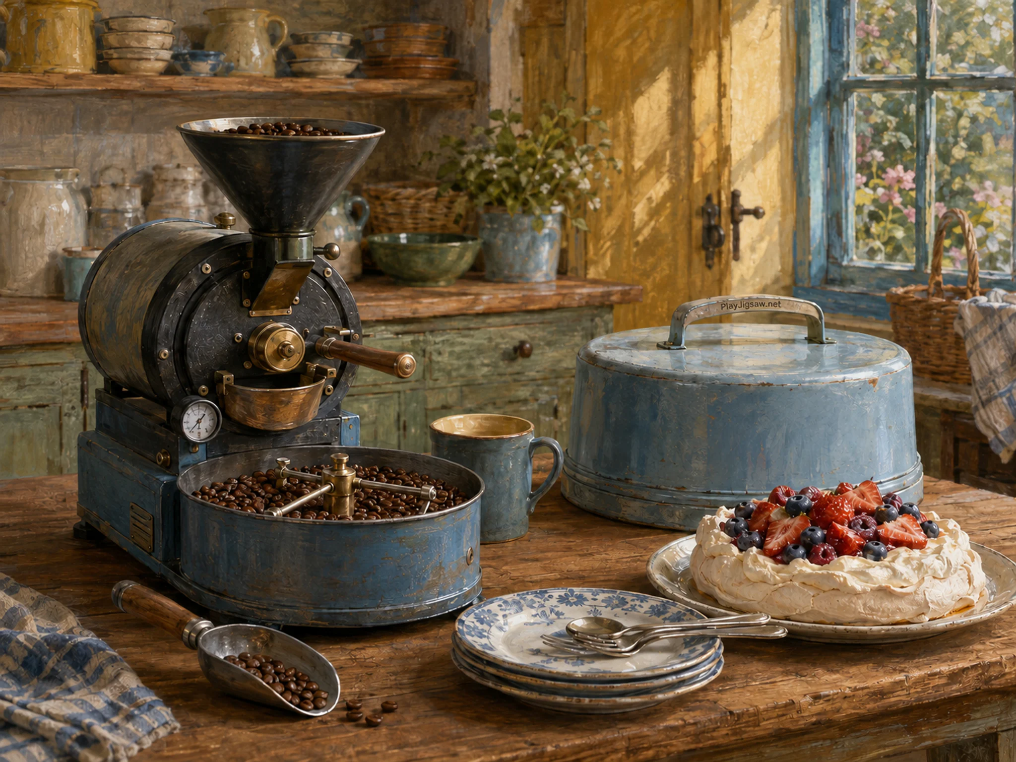 coffee roasting table prepared naturally beside an enamel cake carrier in a bakery picnic table with a berry pavlova and familiar plates, with familiar objects and warm late-day.