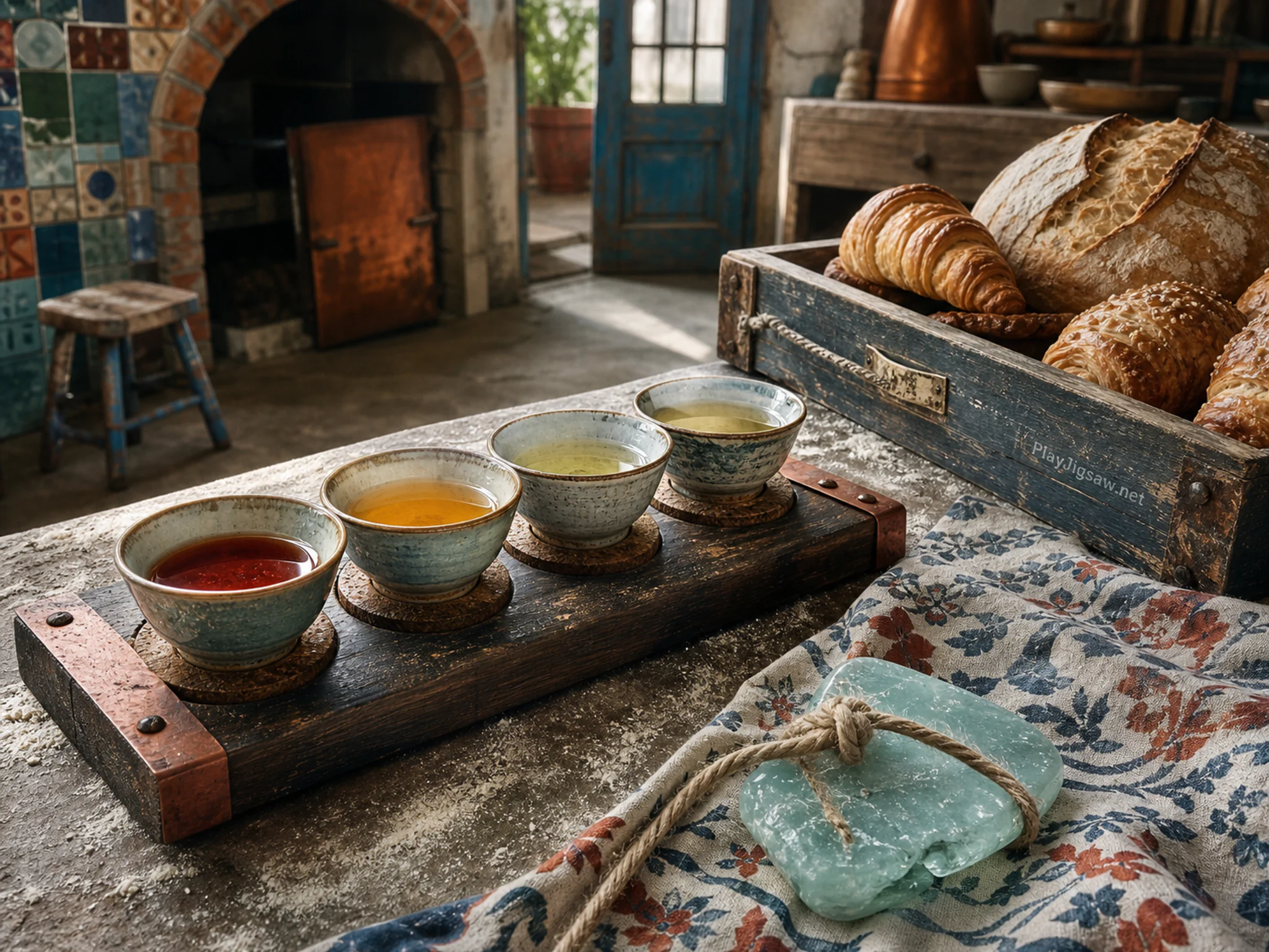 Tea Tasting Flight served beside patterned breakfast cloth in a flour-dusted bakery counter, composed as close foreground detail on one side balanced by a small complete subject.
