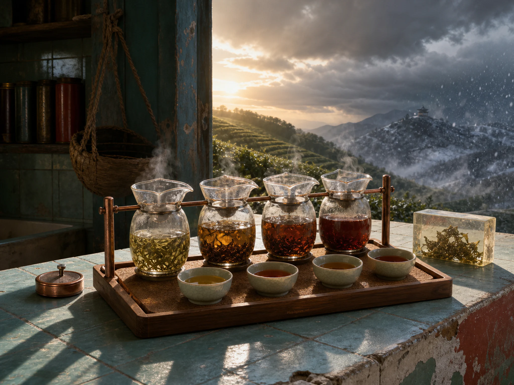 Tea Tasting Flight steeping above small tasting tray in a calm tasting counter, composed as corner-turn composition where the scene continues around an edge and rewards a second.