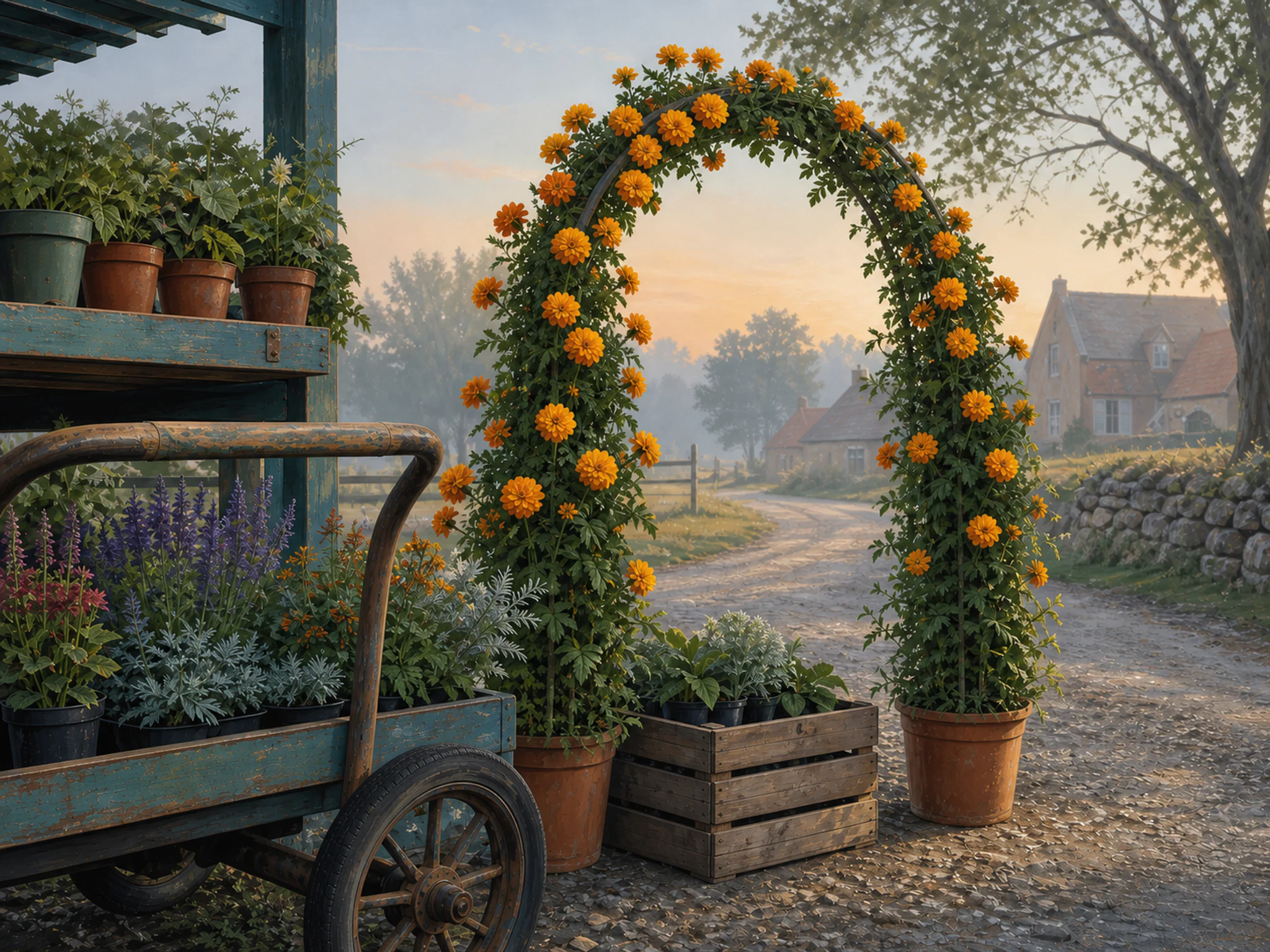 marigold arch arranged naturally beside a wooden price-free plant crate in a local plant nursery cart beside a gravel path, with familiar objects and calm misty dawn.