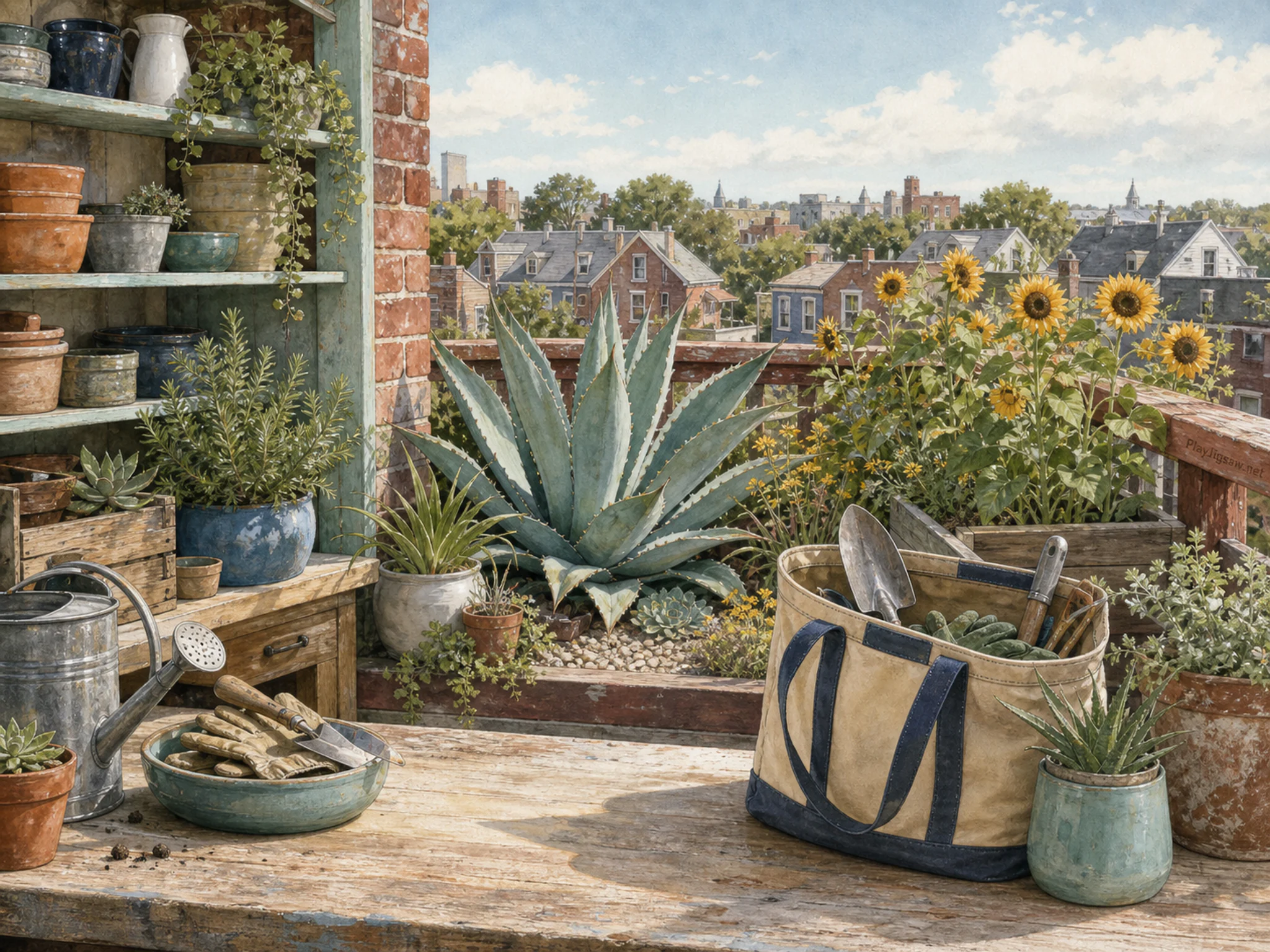 agave courtyard arranged naturally beside a canvas garden bag in a sunflower rooftop garden above a familiar neighborhood, with familiar objects and bright diffused window light.