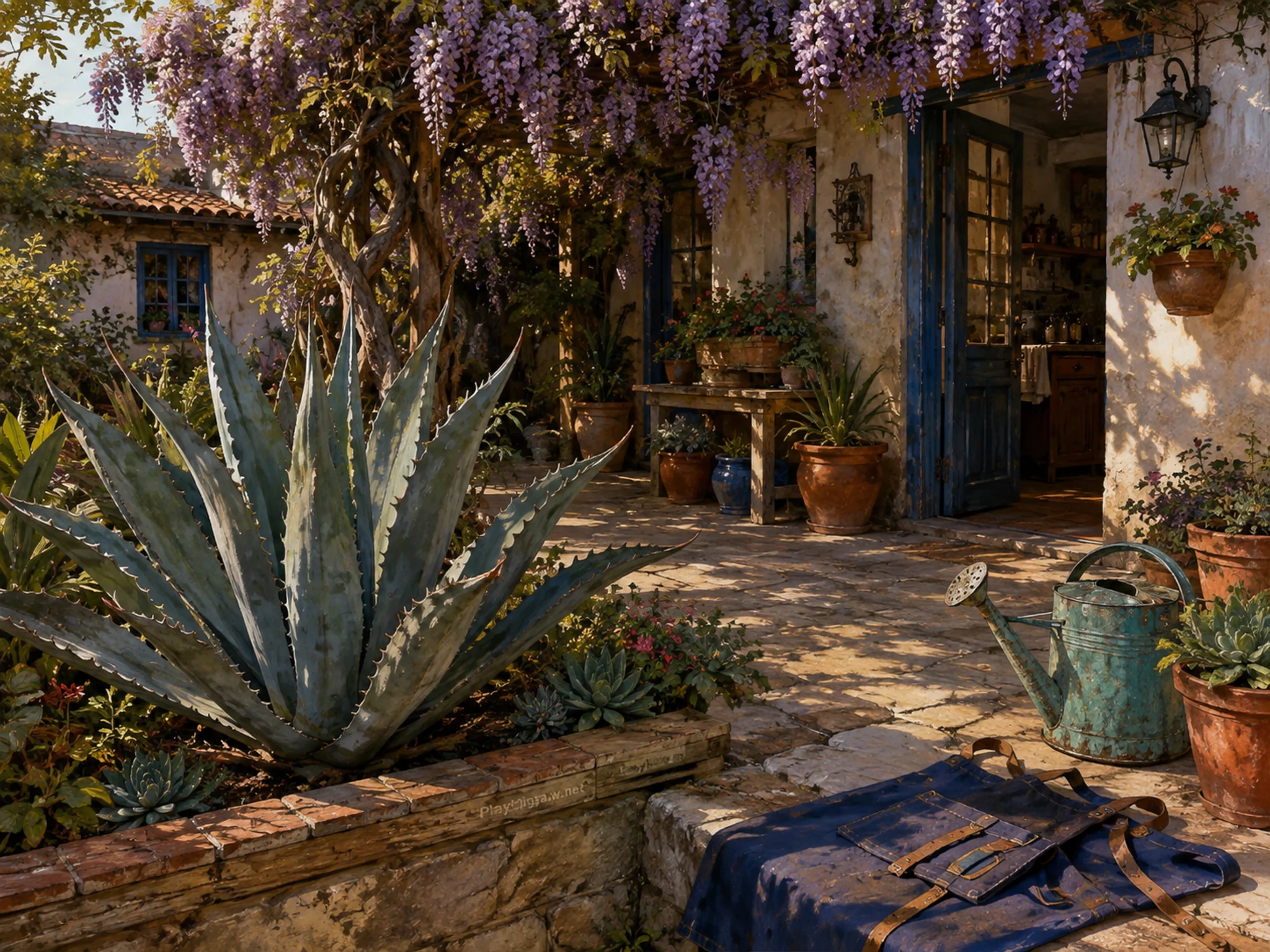agave courtyard arranged naturally beside a folded garden apron in a wisteria-covered courtyard garden beside a kitchen door, with familiar objects and warm late-day sunlight.