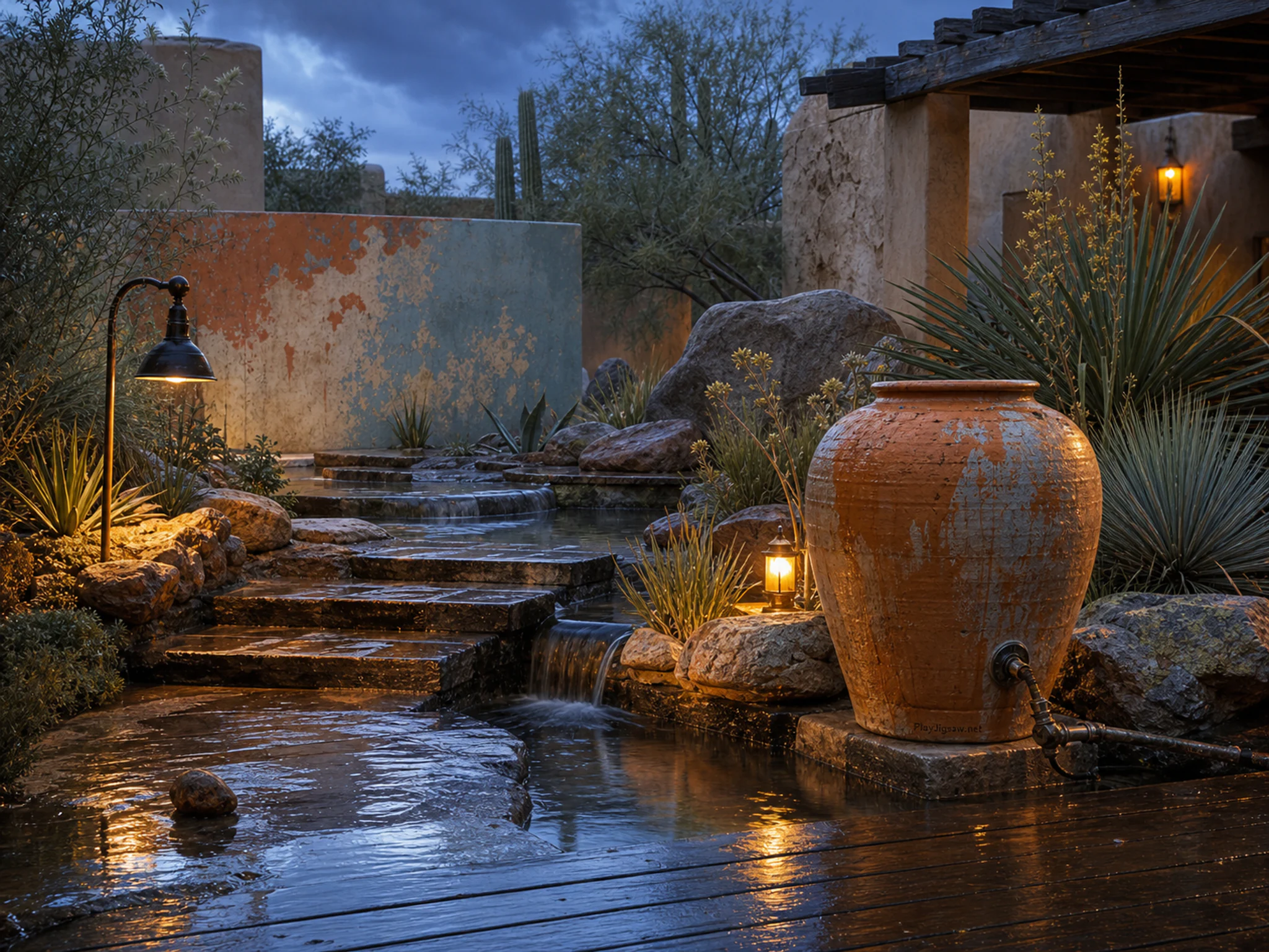 Desert Flower Steps cooling beside terracotta irrigation jar in a reflective water garden, composed as calm near-symmetry broken by one working action, one asymmetrical weather.