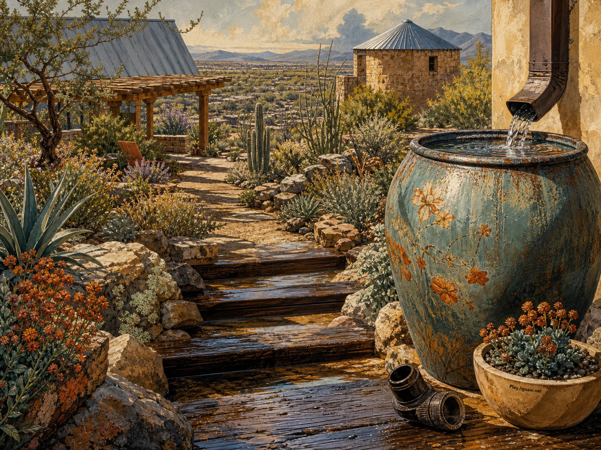 Desert Flower Steps collecting water beside painted rain barrel in a sunlit dryland garden, composed as high oblique landscape view with four large terrain or roof shapes, a.