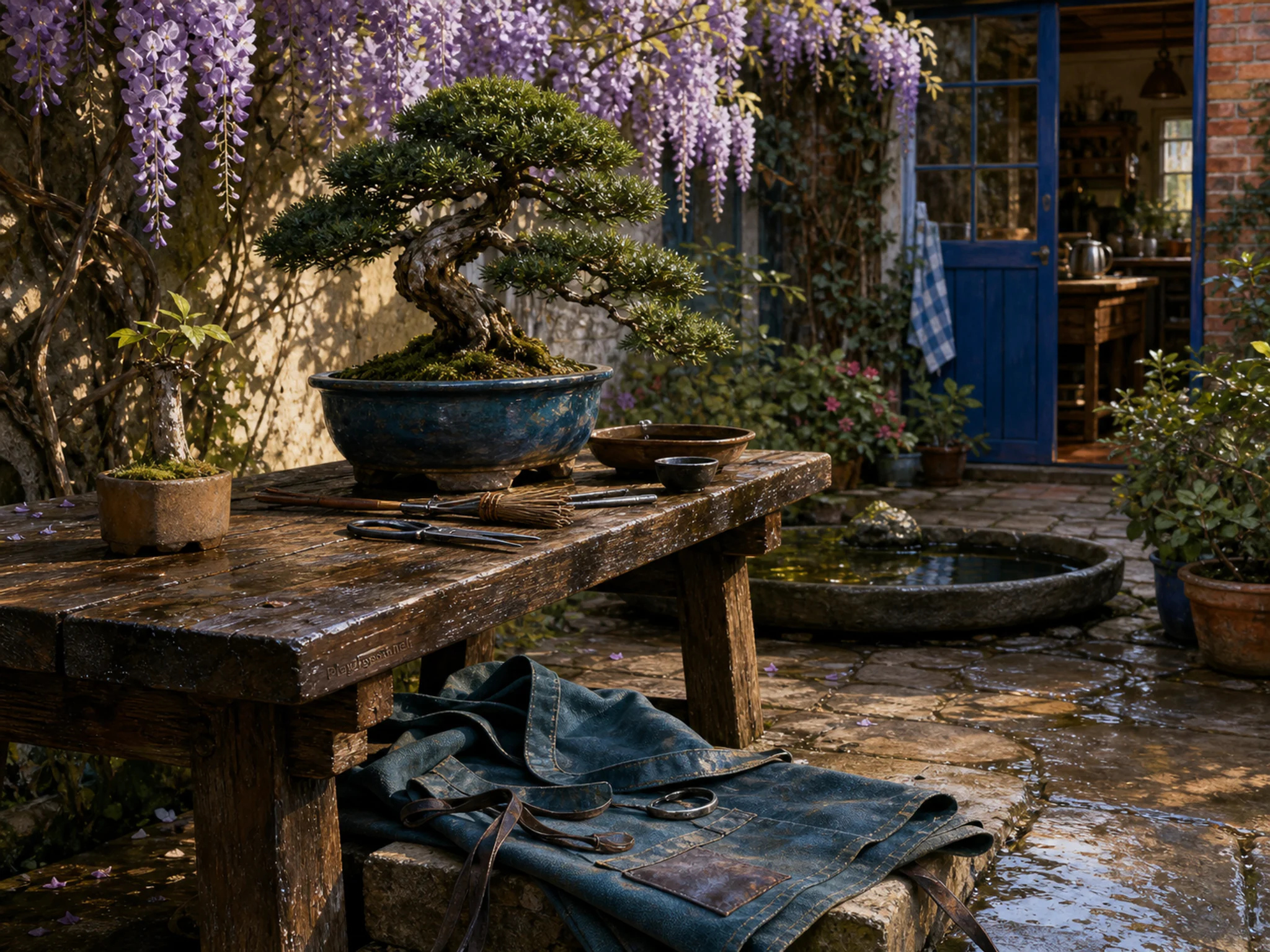 bonsai bench arranged naturally beside a folded garden apron in a wisteria-covered courtyard garden beside a kitchen door, with familiar objects and warm late-day sunlight.