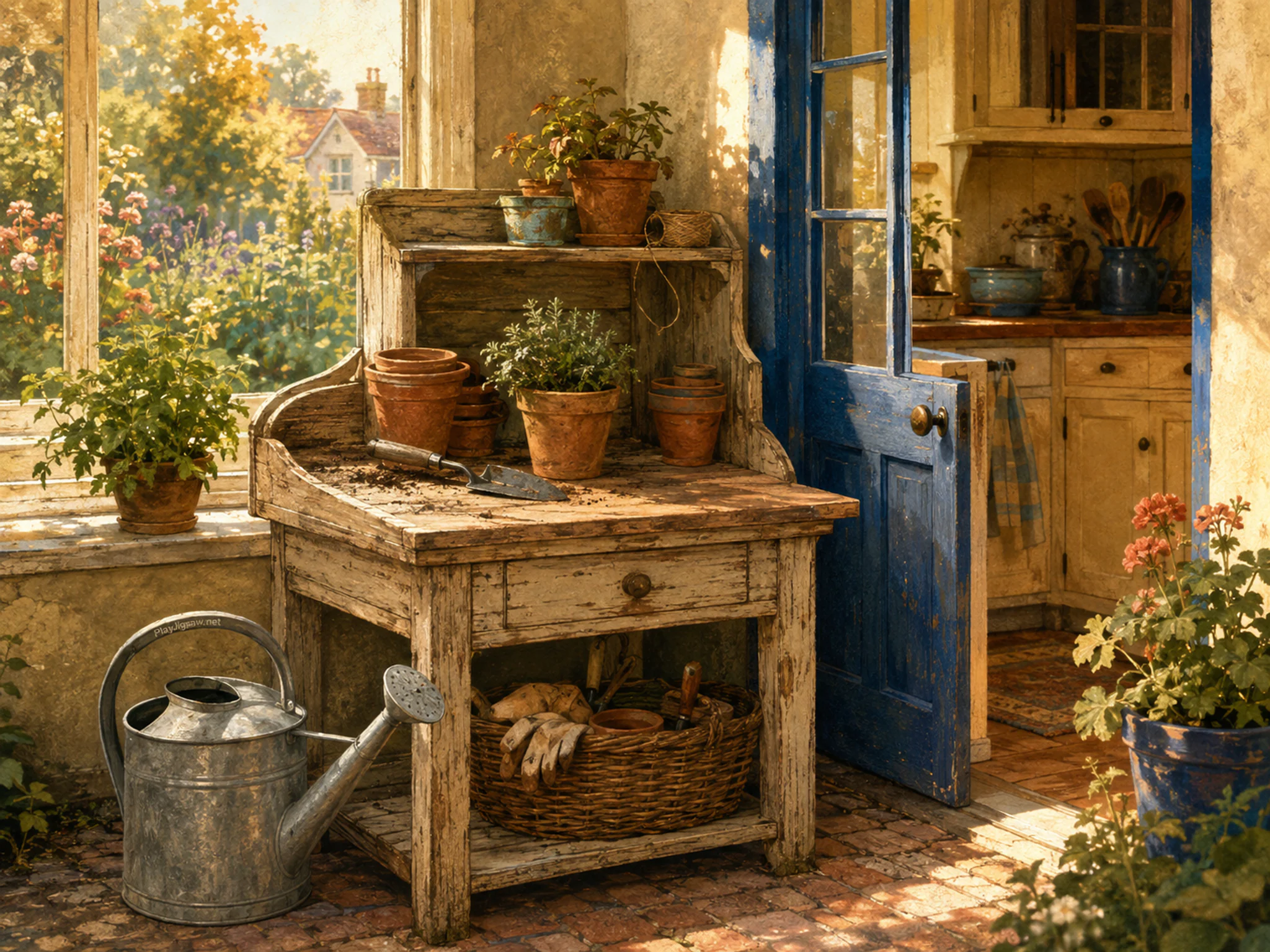 potting table arranged naturally beside a galvanized watering can in a backyard potting bench beside a kitchen door, with familiar objects and golden kitchen-window light.