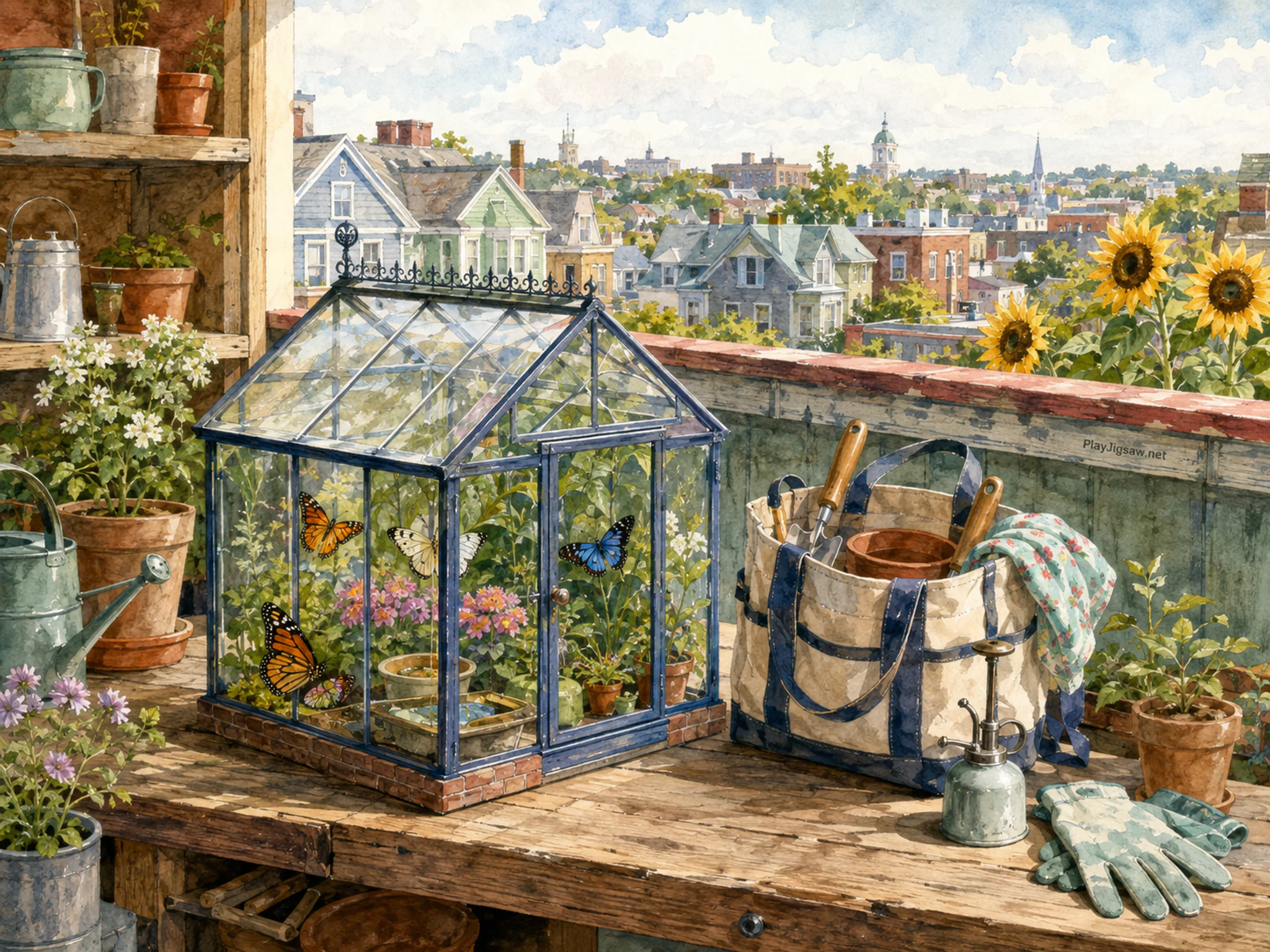butterfly conservatory arranged naturally beside a canvas garden bag in a sunflower rooftop garden above a familiar neighborhood, with familiar objects and bright diffused window.