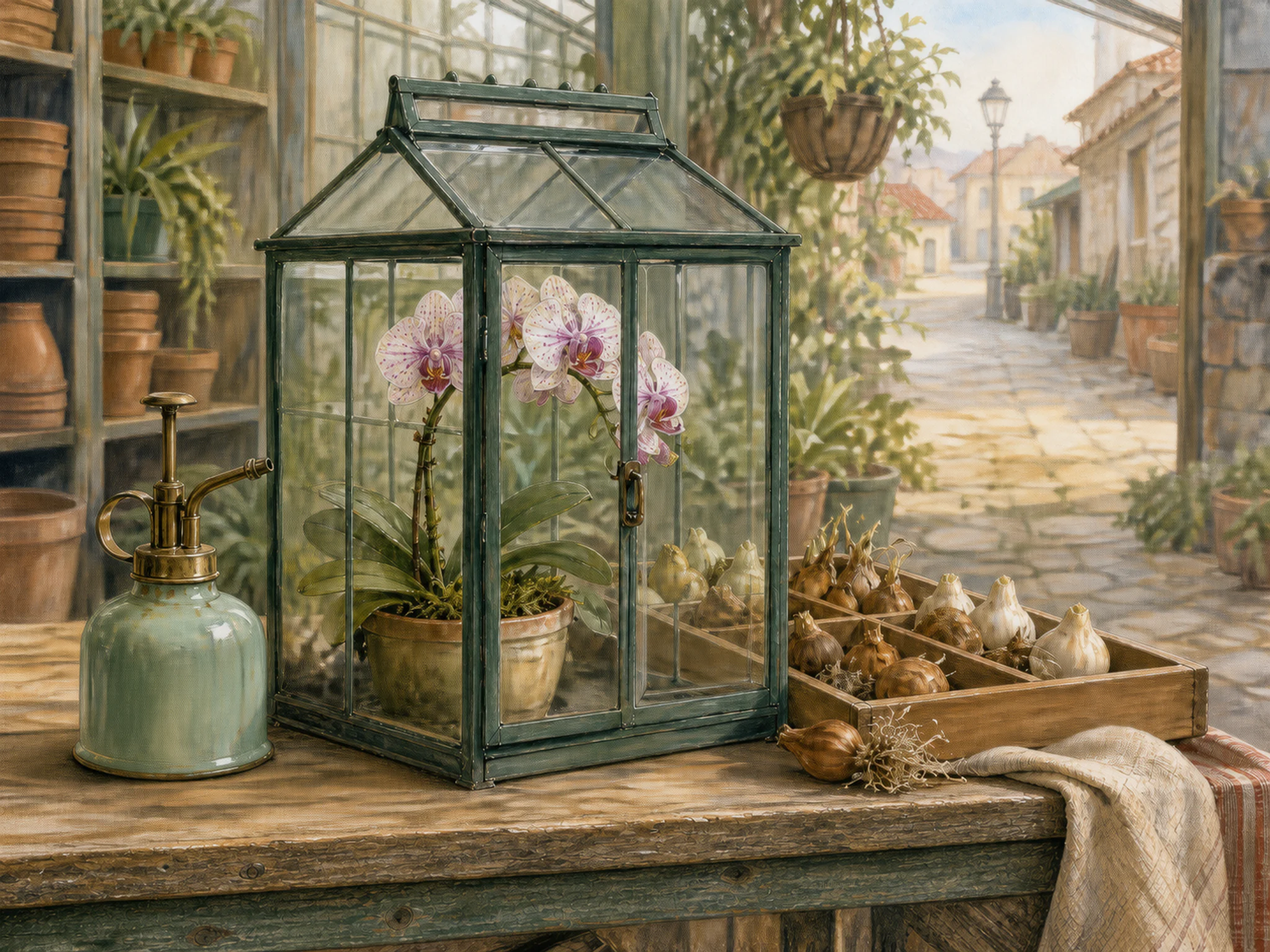 orchid mist house arranged naturally beside an enamel plant mister in a familiar greenhouse aisle with a bulb-sorting table, with familiar objects and clear early-morning light.