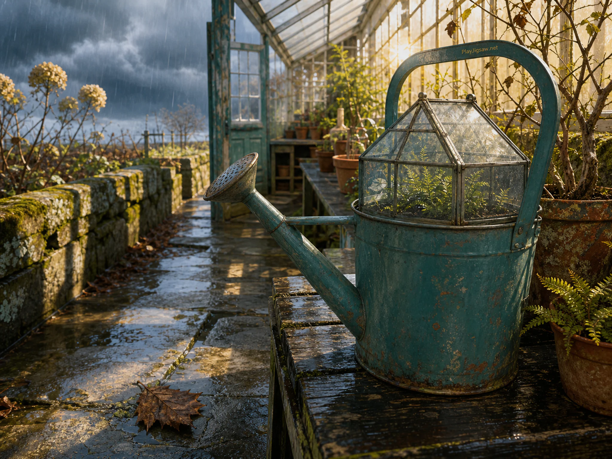 Watering Can Glasshouse resting among teal watering can in a humid glasshouse aisle, composed as layered environmental section showing a clear above-below, near-far, wet-dry, or.