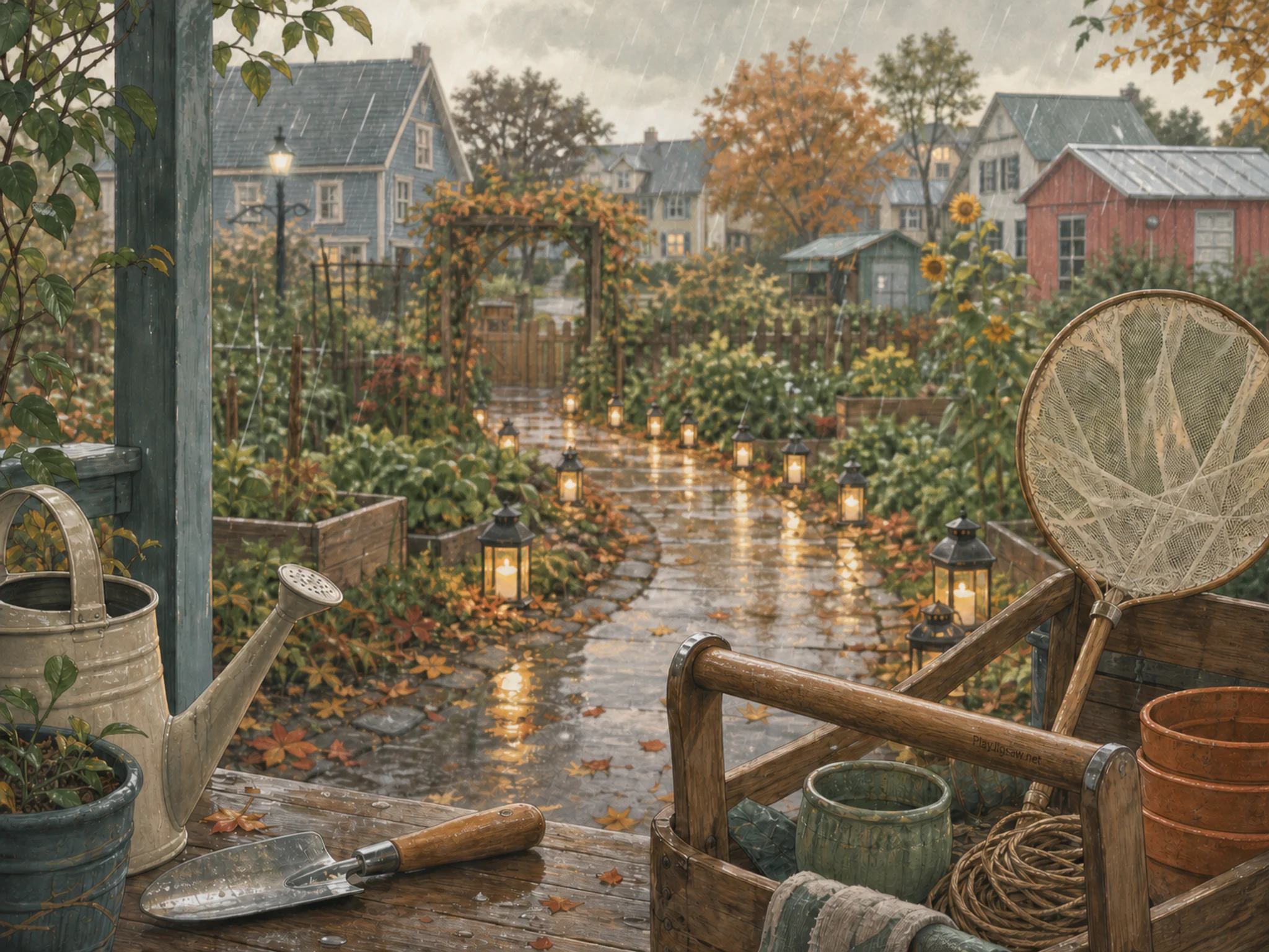 autumn lantern path arranged naturally beside a small hand trowel in a community garden path with a butterfly-net cart, with familiar objects and gentle rain with crisp.