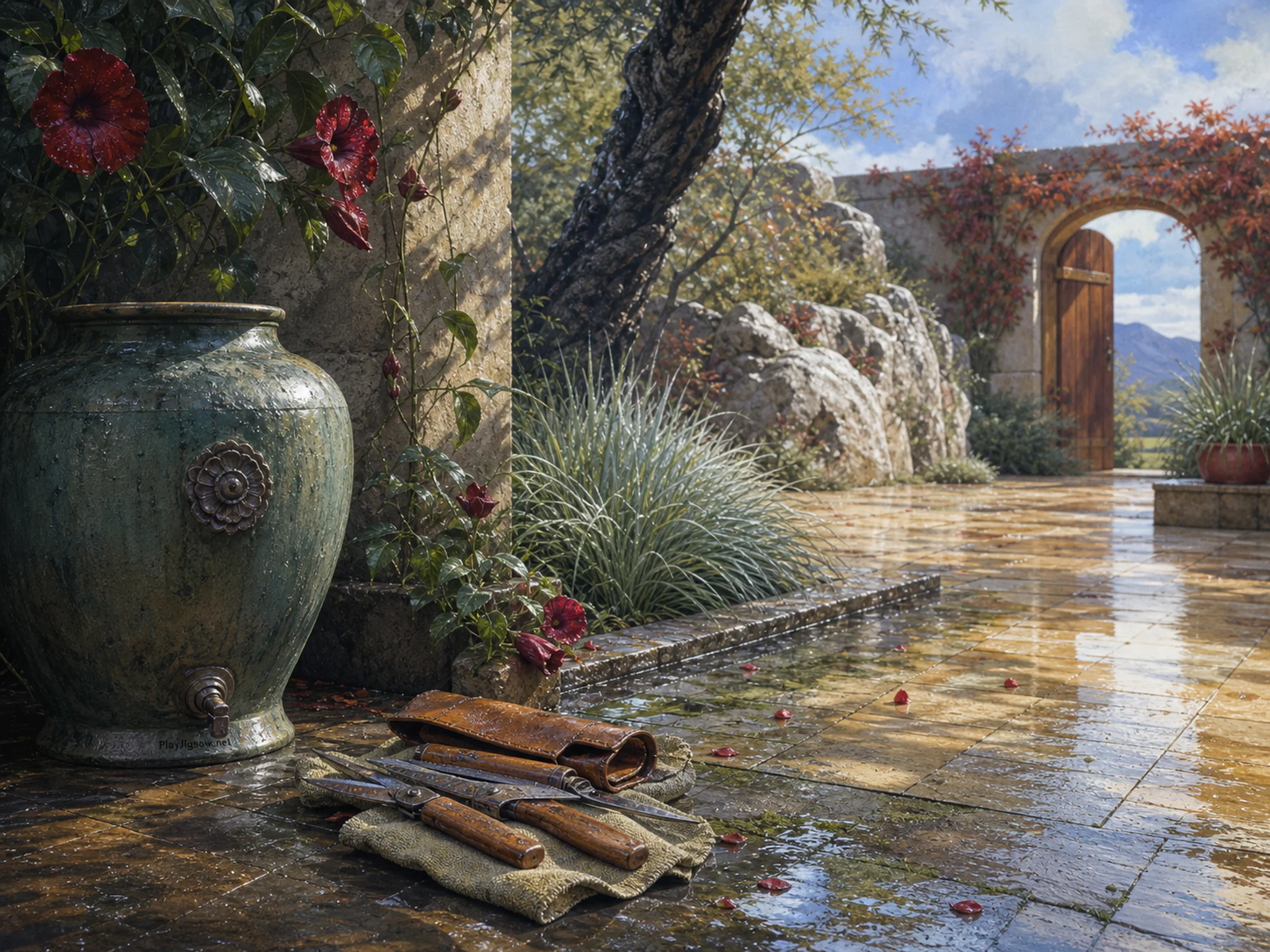 Moonflower Court being used near well-used pruning kit in a tiled garden courtyard, composed as broad cross-slope view where light, weather, or water divides the scene diagonally.