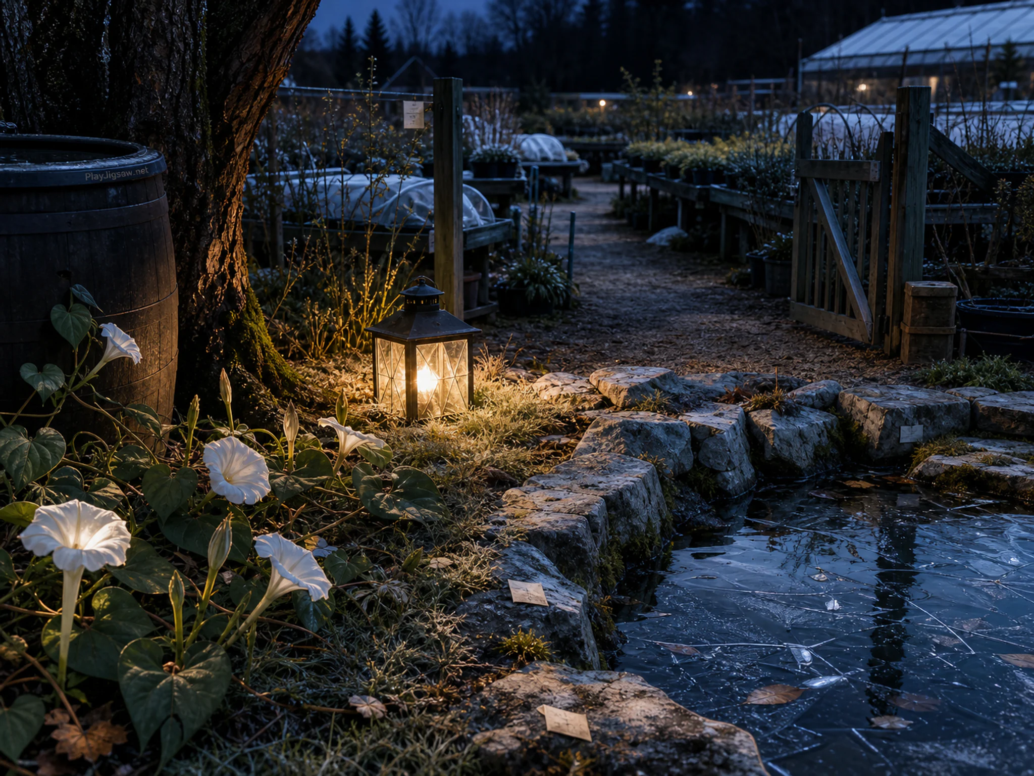 Moonflower Court glowing beneath low garden lantern in a busy plant nursery, composed as wide lateral view structured by an irregular shoreline, wall, track, ridge, or garden.