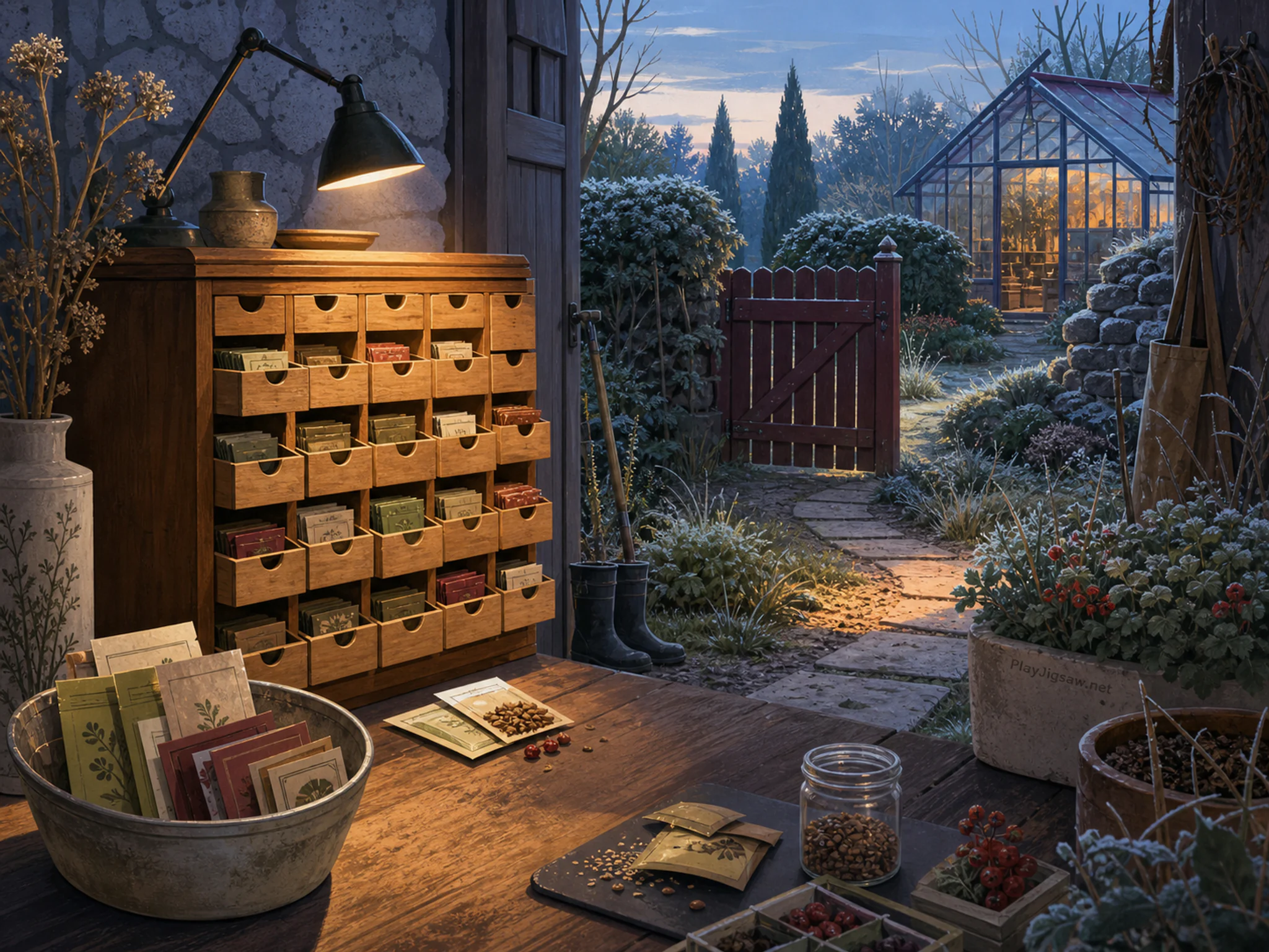 Seed Cabinet organized around number-free seed drawer in a softly illuminated seasonal garden, composed as route-bend composition where the destination is only partly visible and.