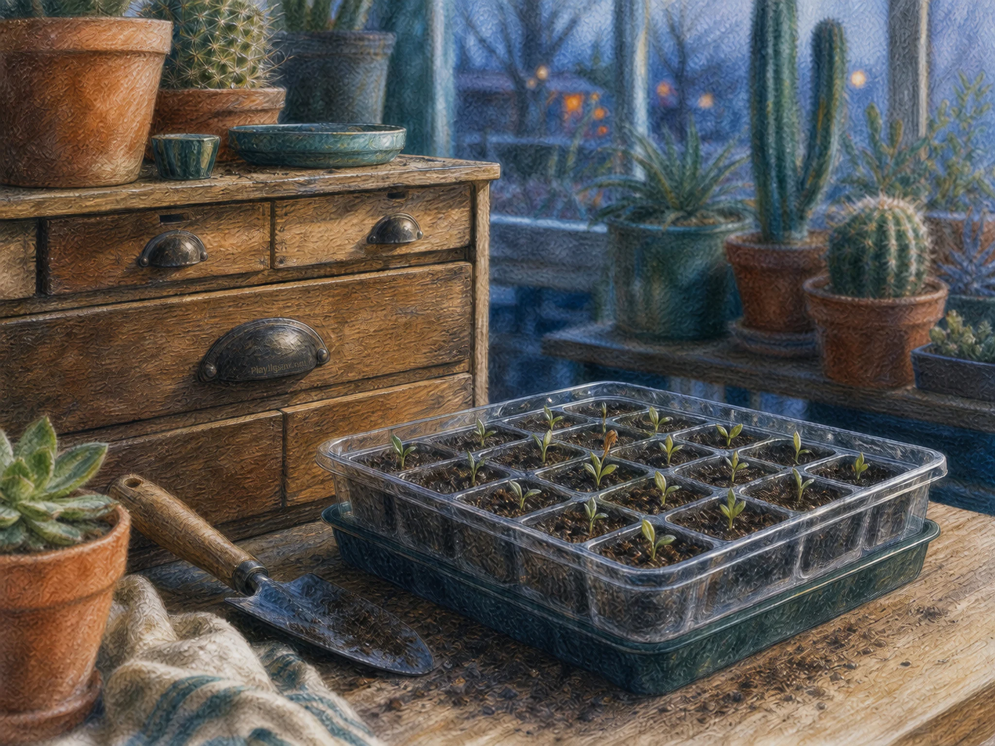 seedling trays arranged naturally beside a wooden seed drawer without labels in a familiar home greenhouse filled with cacti and clay pots, with familiar objects and cool.