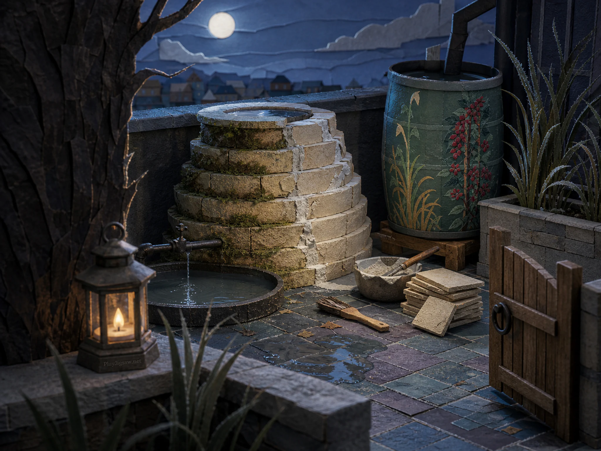 Beehive Terrace collecting water beside painted rain barrel in a tiled garden courtyard, composed as view around a near corner or natural obstruction, revealing the main subject.