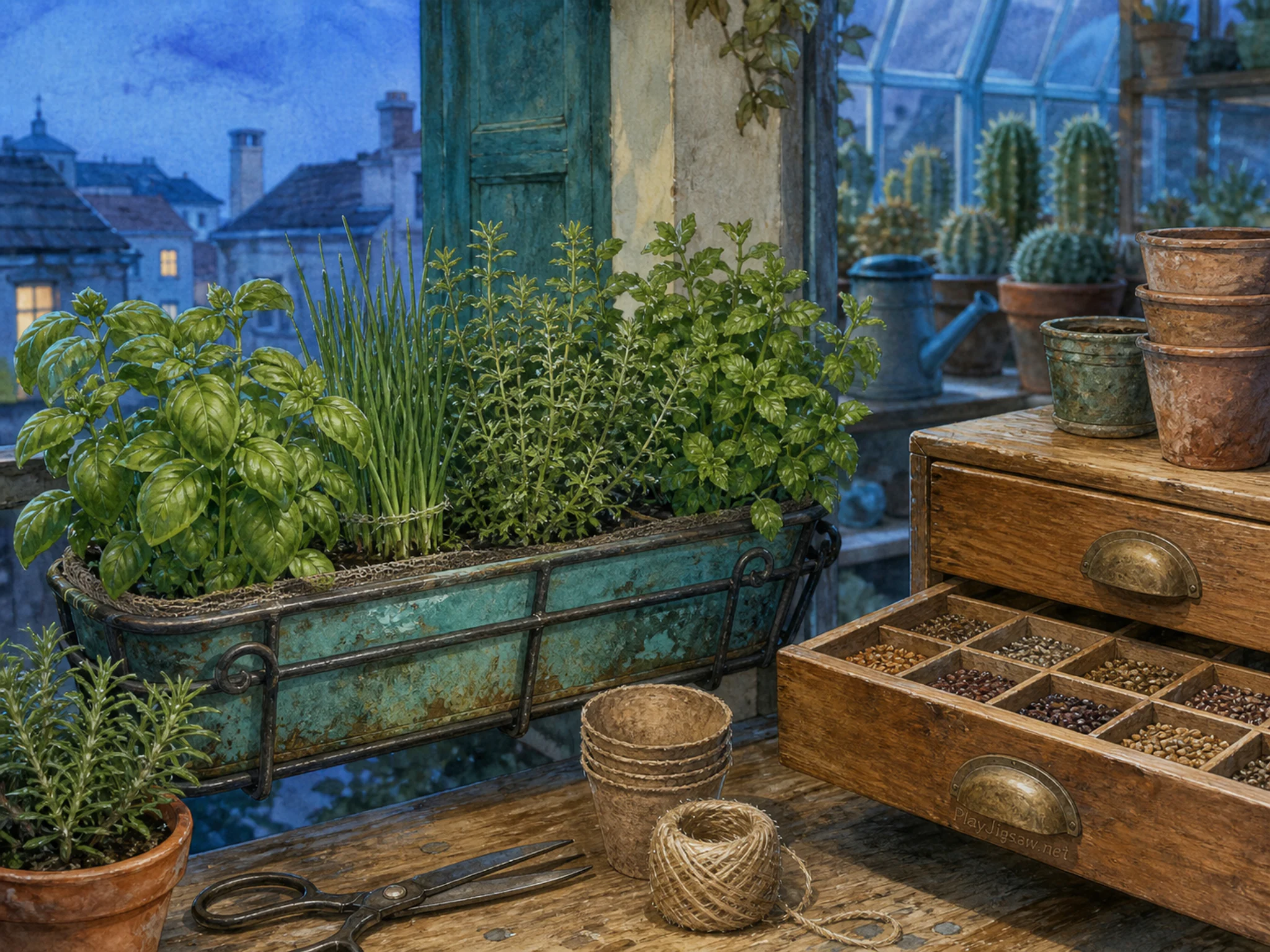 herb balcony arranged naturally beside a wooden seed drawer without labels in a familiar home greenhouse filled with cacti and clay pots, with familiar objects and cool blue-hour.