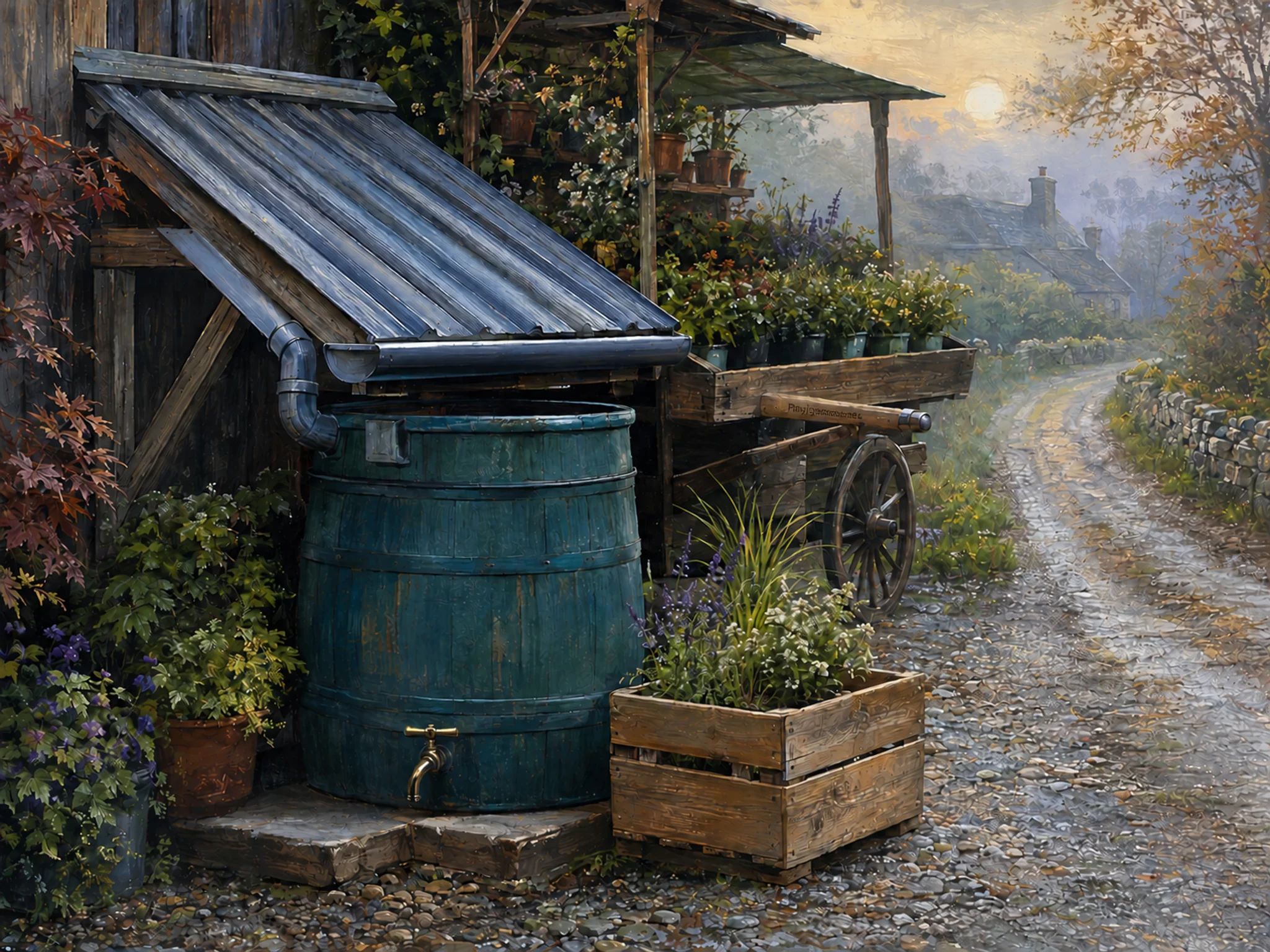 rain barrel roof arranged naturally beside a wooden price-free plant crate in a local plant nursery cart beside a gravel path, with familiar objects and calm misty dawn.