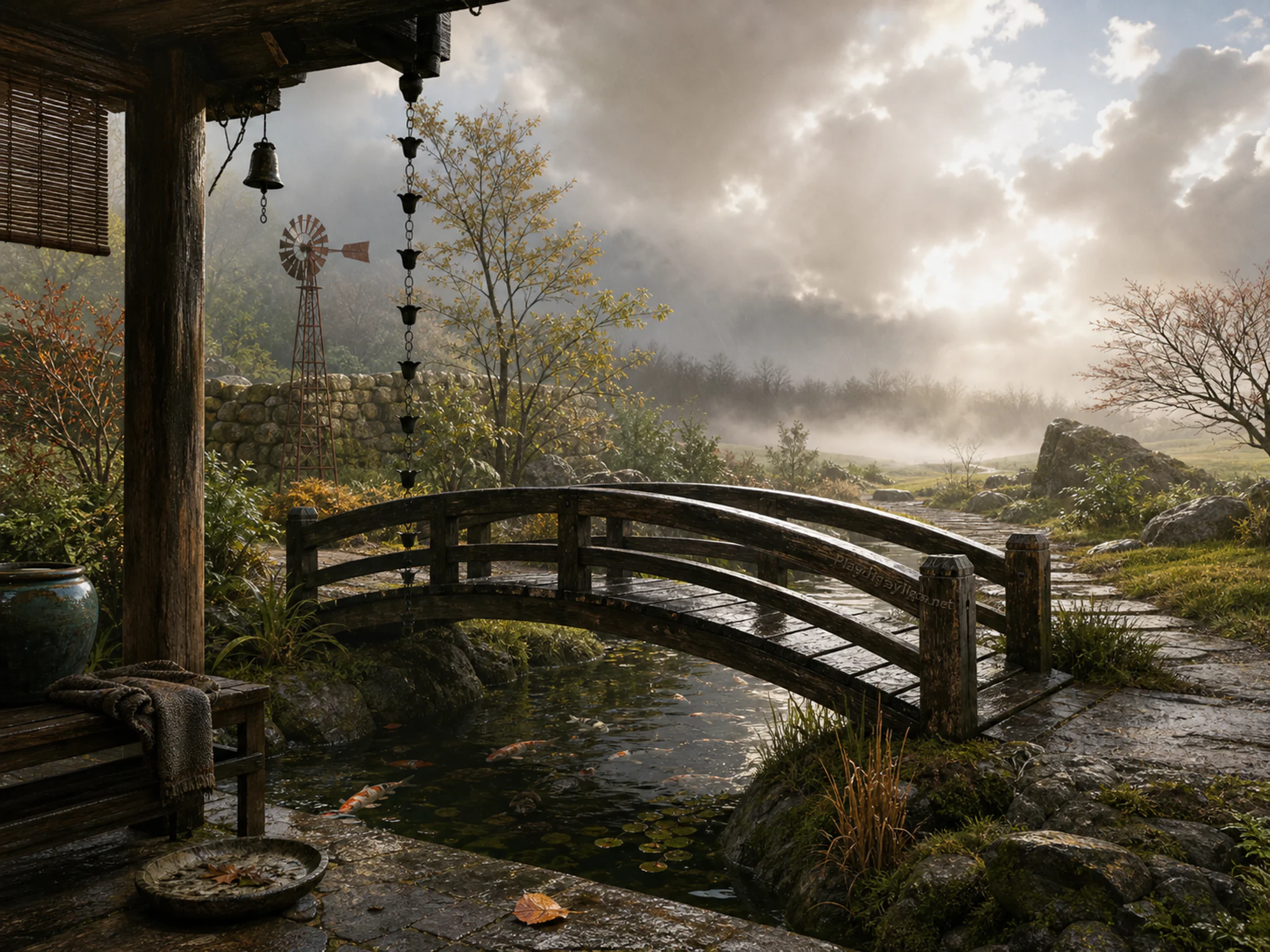 Koi Pond crossing small wooden footbridge in a sunlit dryland garden, composed as sheltered foreground looking outward into exposed weather, with the main subject connecting the.