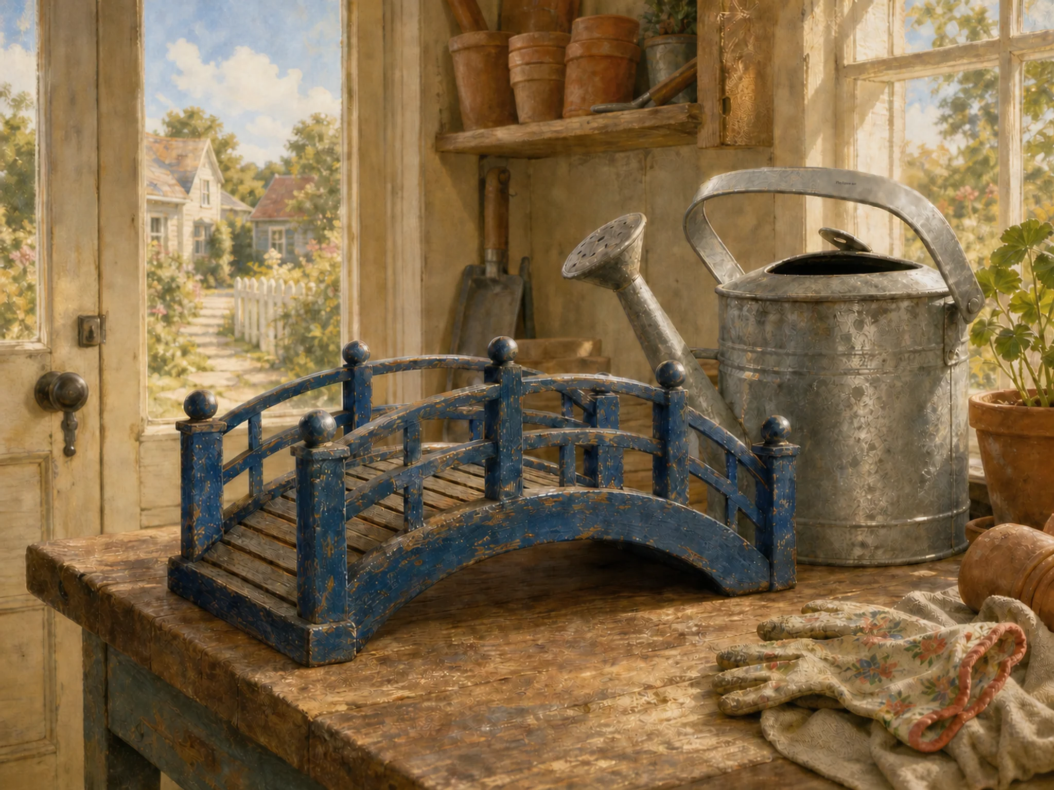 lily bridge arranged naturally beside a galvanized watering can in a backyard potting bench beside a kitchen door, with familiar objects and golden kitchen-window light.