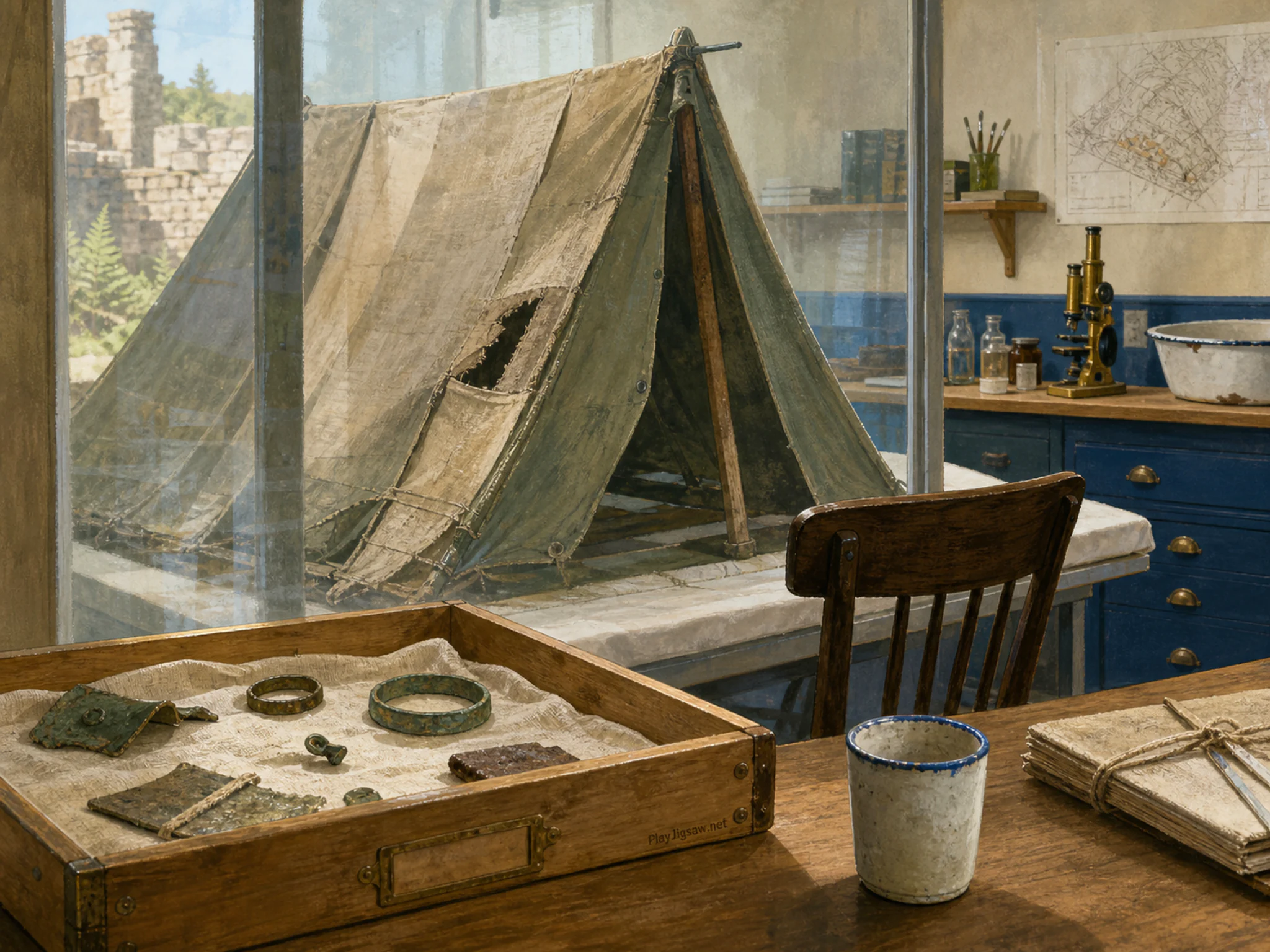 Field Tent being examined near numbered-free specimen tray in a quiet conservation laboratory, composed as off-center subject seen in reflection or through translucent material.