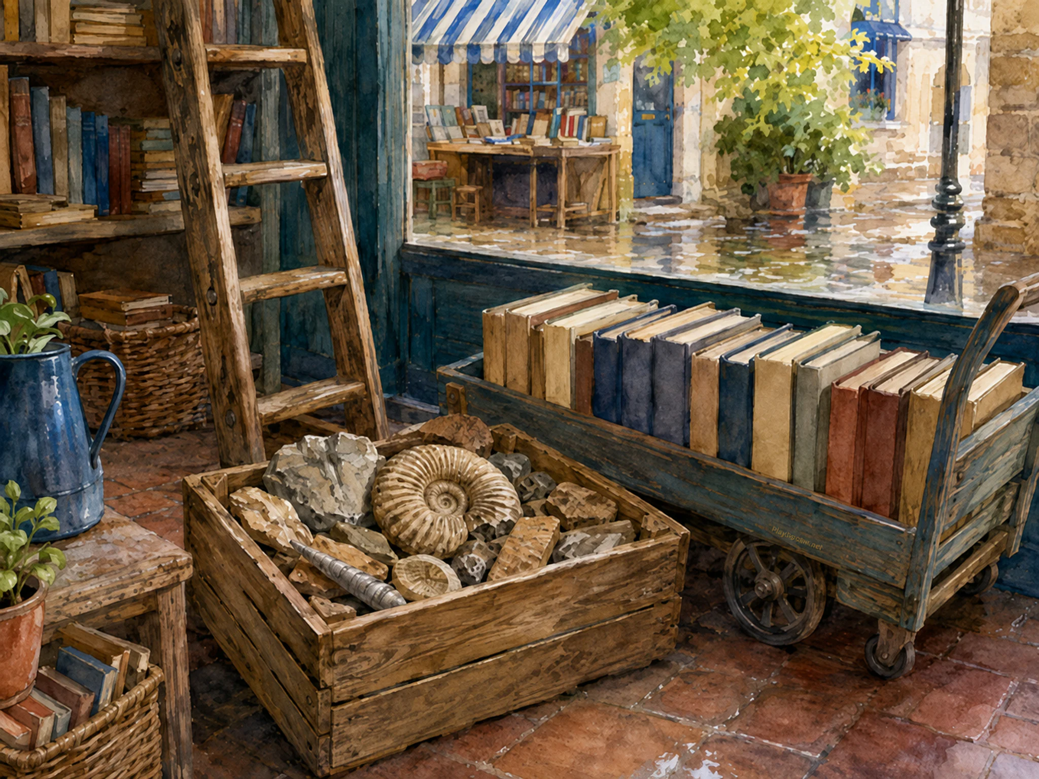 fossil crate displayed naturally beside a handcart of blank-spine books in a second neighborhood book-market stall with a wooden ladder, with familiar objects and sun after a.