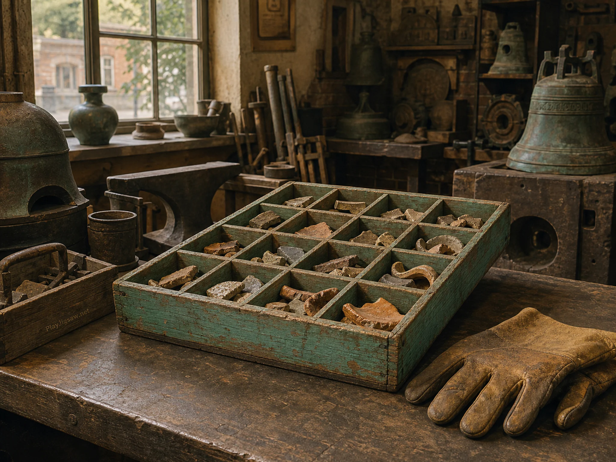 pottery sorting table displayed naturally beside a leather work glove in an old bronze-casting workbench inside a local foundry exhibit, with familiar objects and bright diffused.