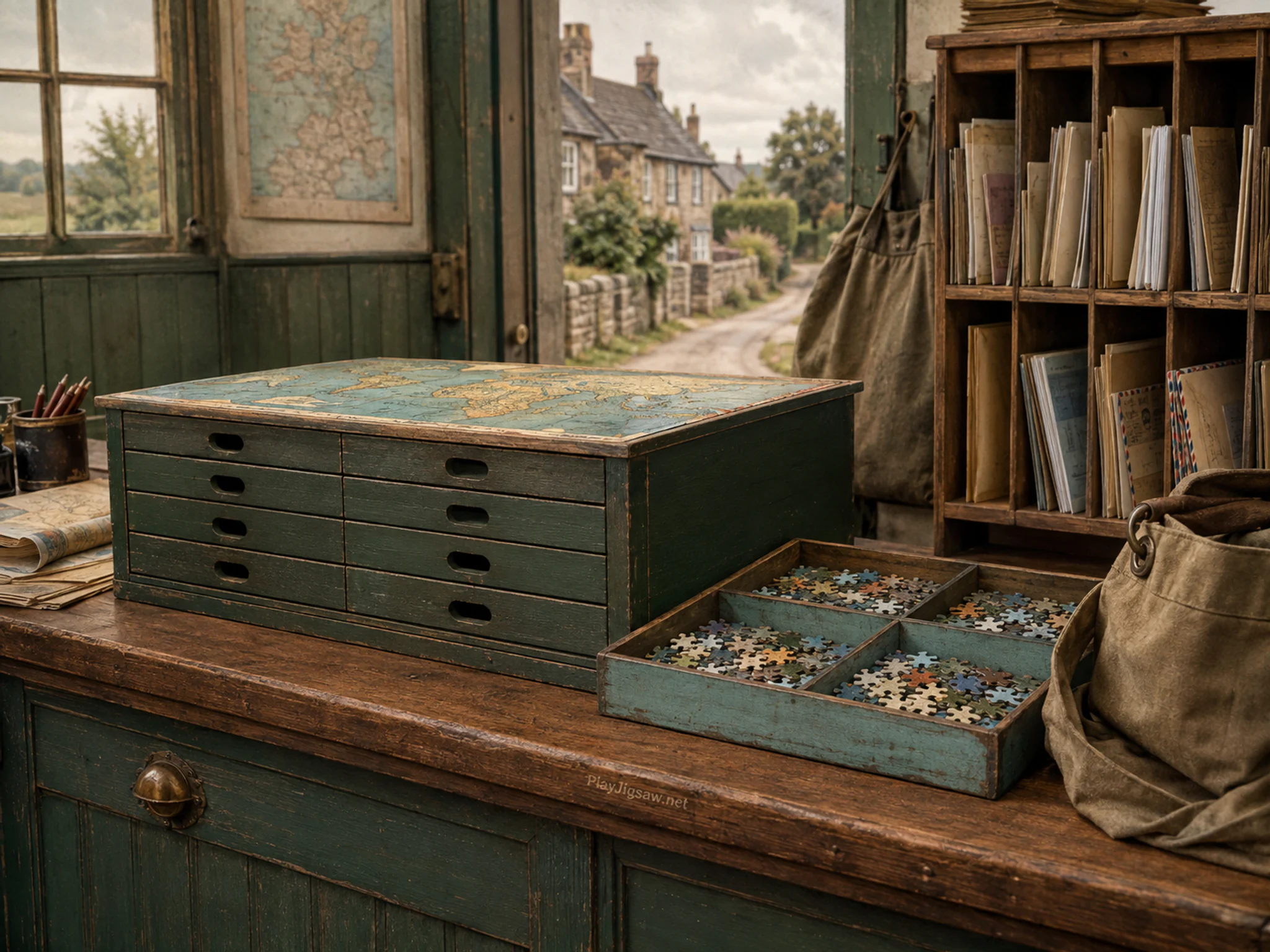 map cabinet displayed naturally beside a shallow sorting tray in an old postal counter with a letter sorter and canvas mailbag, with familiar objects and soft overcast afternoon.