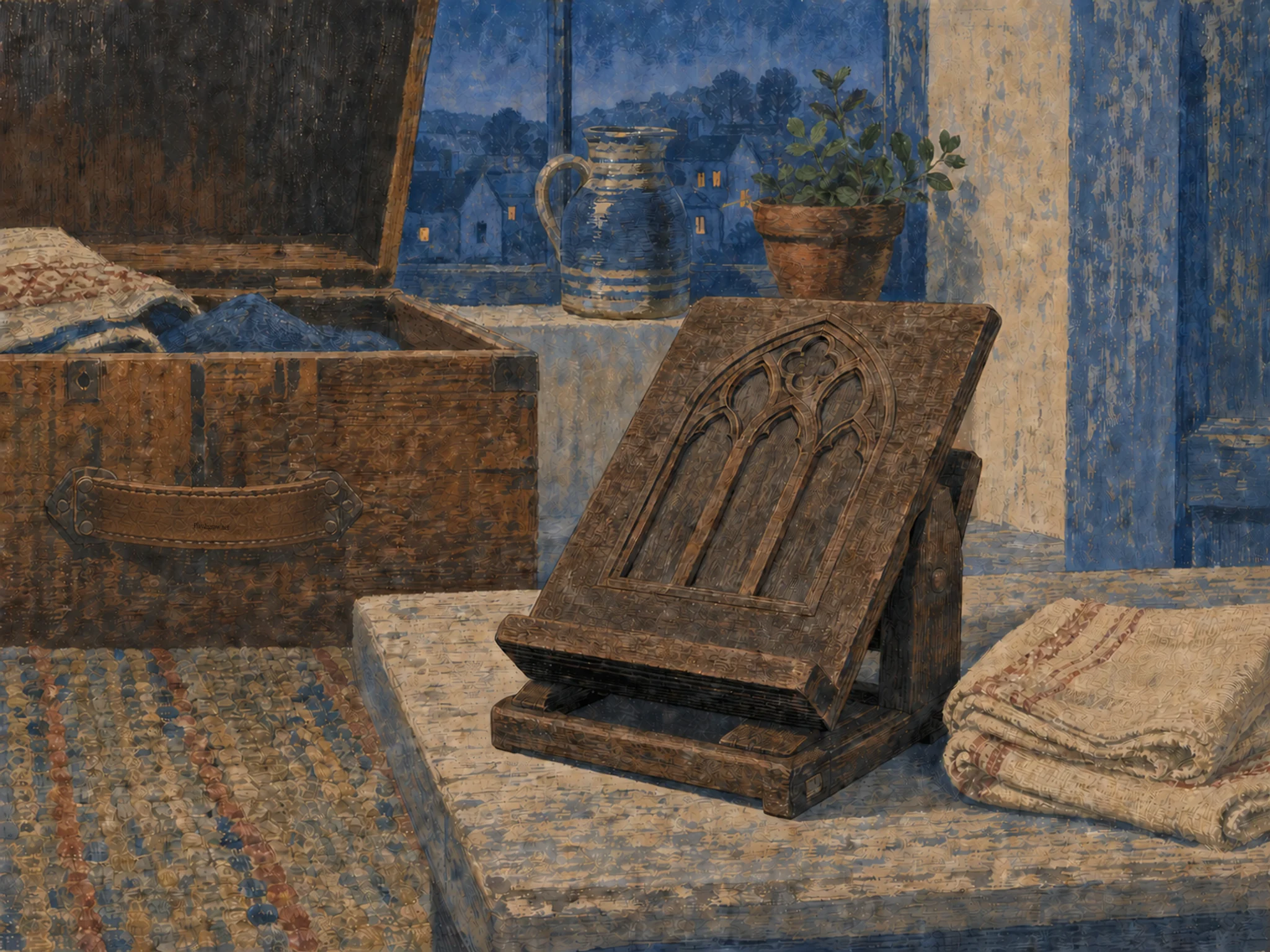 monastery desk displayed naturally beside a folded linen cloth in a farmhouse chest opened beside a woven rug, with familiar objects and cool blue-hour light.