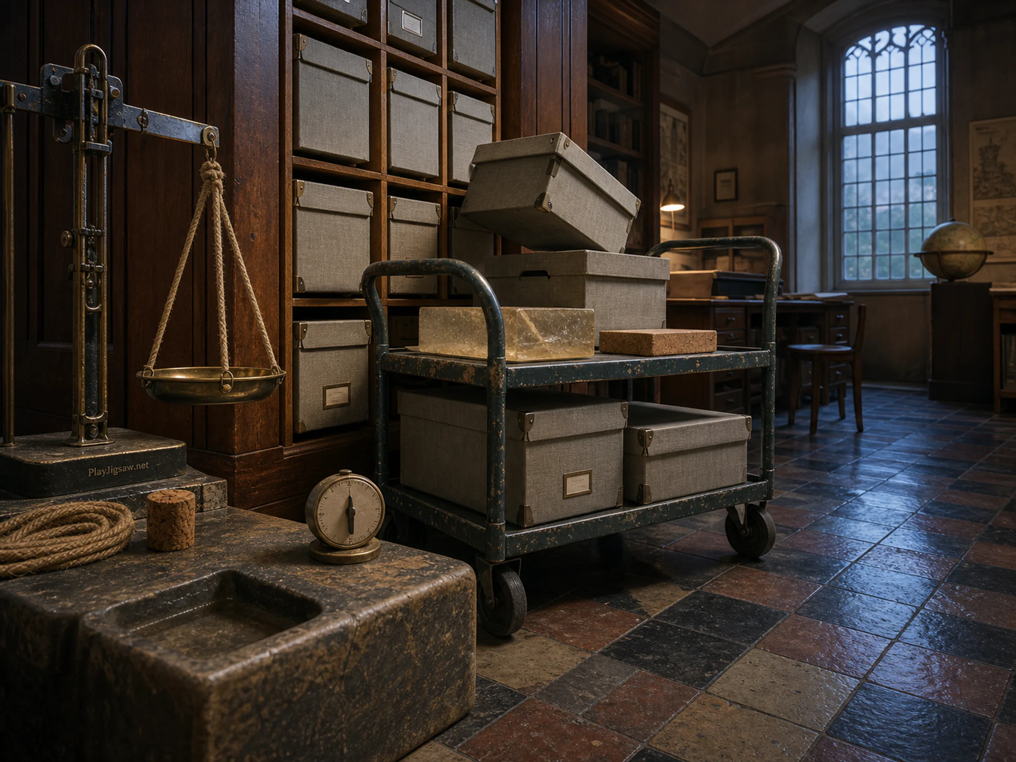 Town Archive Cart organized along linen archive box in a wood-paneled chart room, composed as ground-level view using a textured leading edge, a middle landmark, and a high.