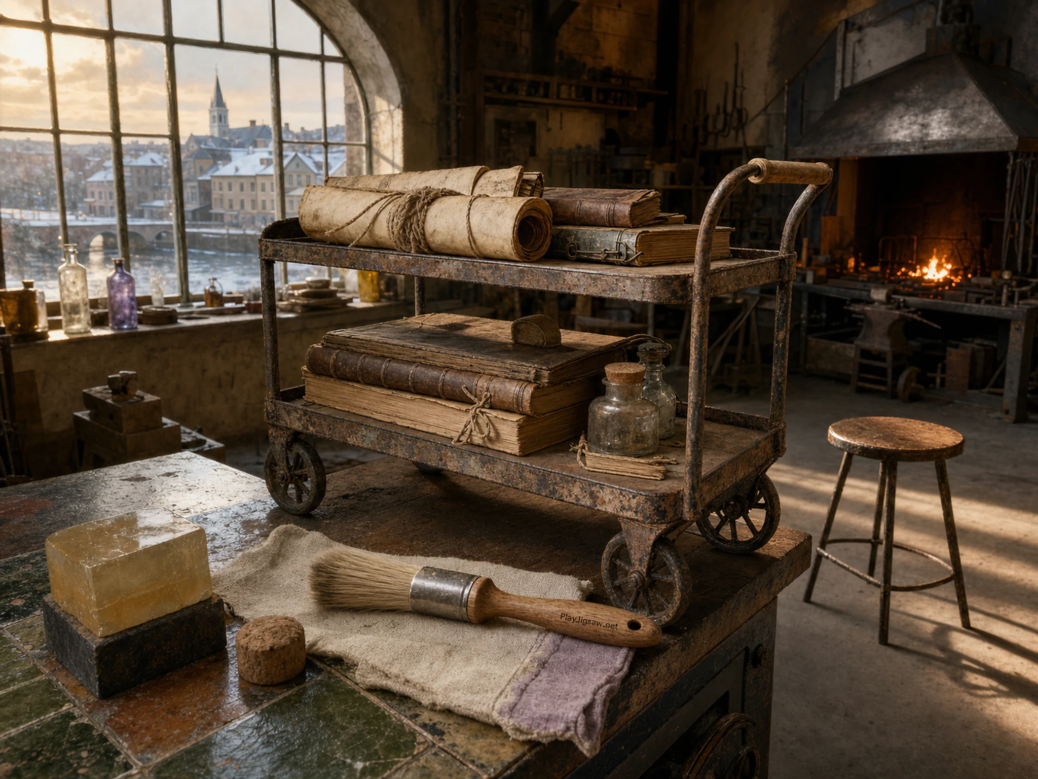Town Archive Cart carefully restored on soft conservation brush in a firelit metalworking room, composed as near-symmetry deliberately broken by one functional action, one.