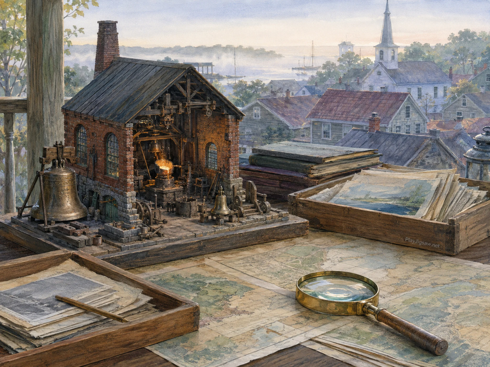 bell foundry displayed naturally beside a brass magnifier in a village archive table with maps showing no readable text, with familiar objects and calm misty dawn.