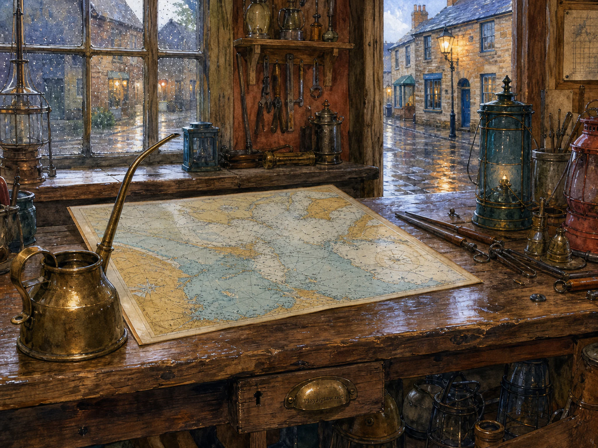 nautical chart room displayed naturally beside a brass oil can in a neighborhood lantern-maker workshop with familiar hand tools, with familiar objects and gentle rain with crisp.