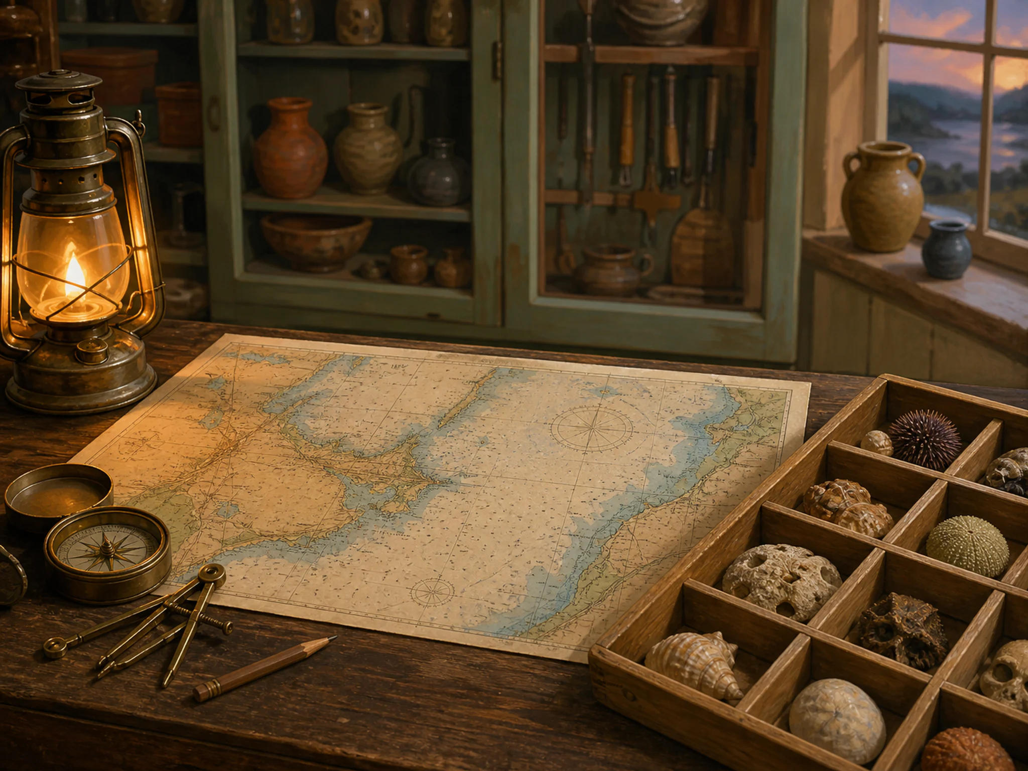 nautical chart room displayed naturally beside a wooden specimen tray in a small local museum cabinet with tools and pottery, with familiar objects and warm lamplight at dusk.