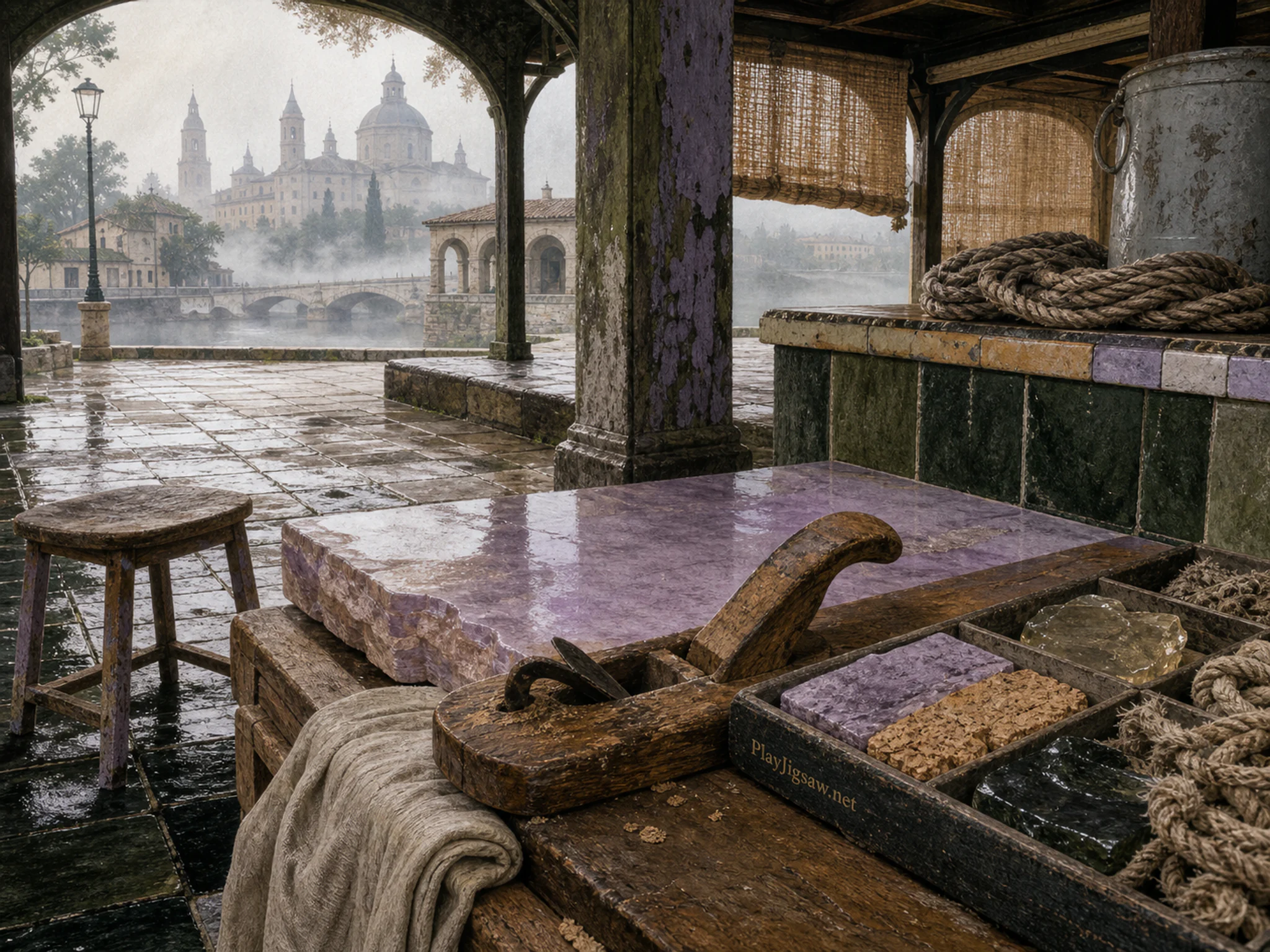 Survey Table being shaped beside wooden hand tool in a covered heritage market, composed as split-level composition showing above and below, inside and outside, or wet and dry in.