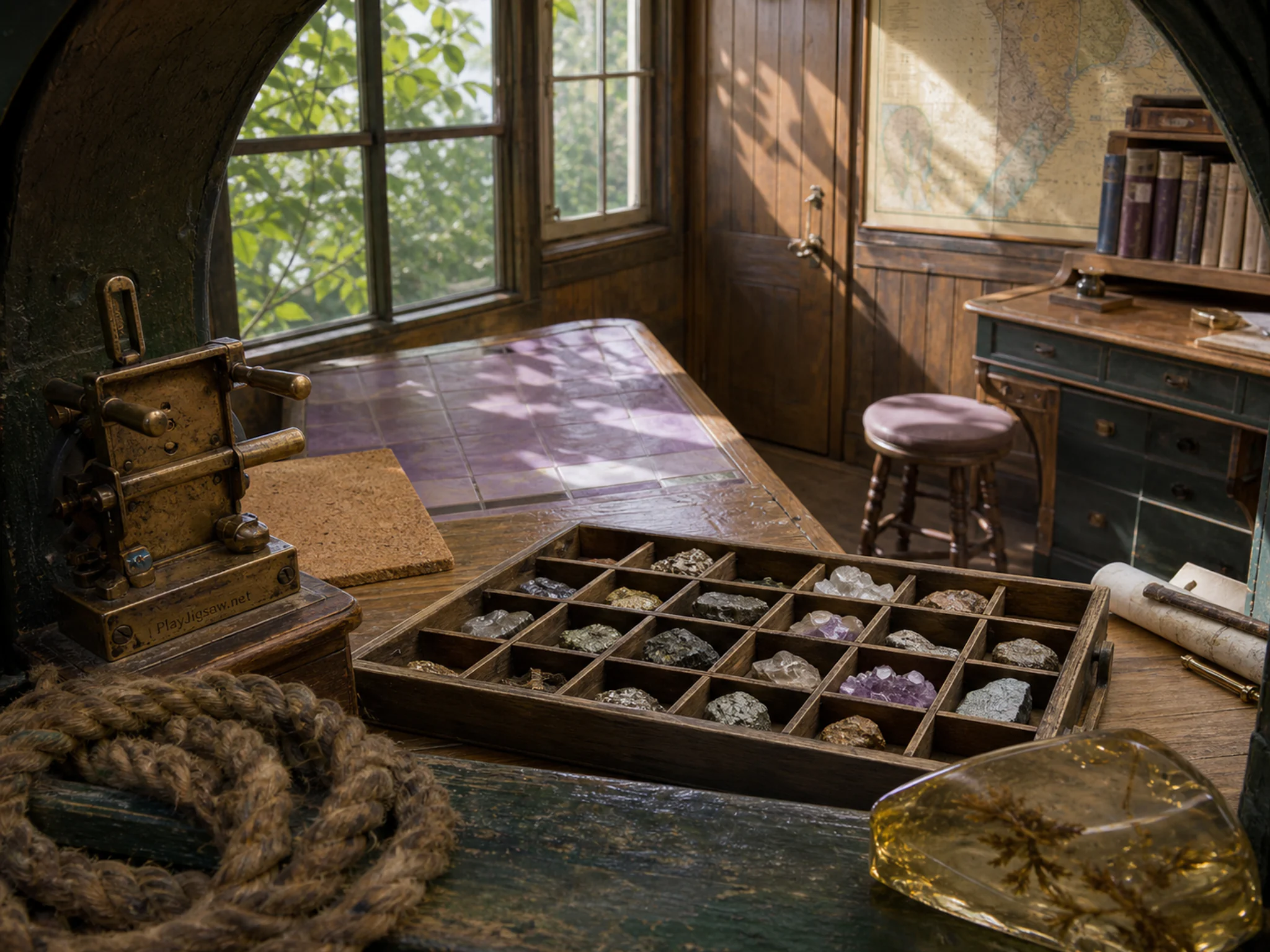 Brass Hardware Stall being examined near numbered-free specimen tray in a wood-paneled chart room, composed as view through a practical opening such as a hatch, arch, shelf gap.