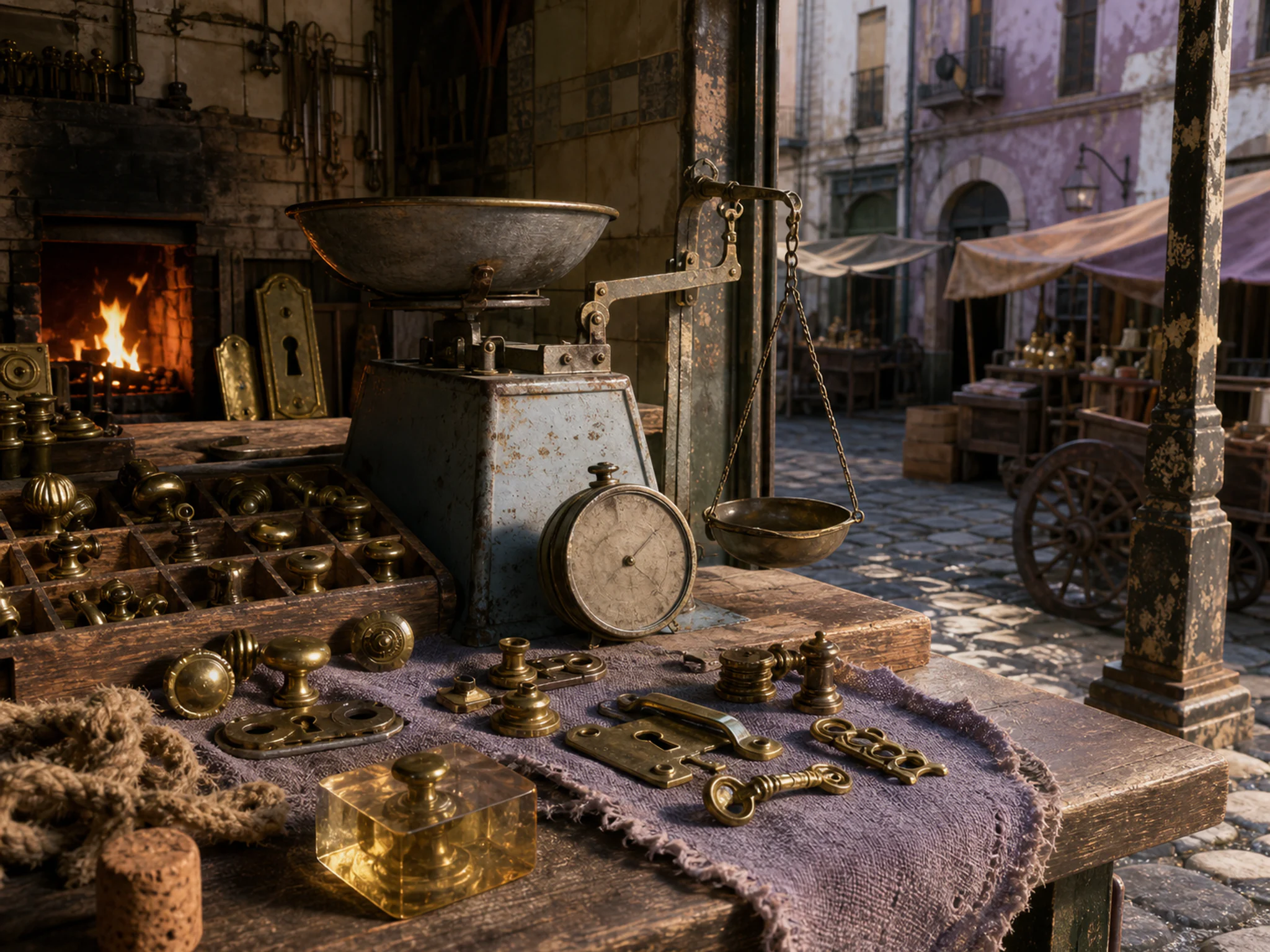 Brass Hardware Stall displayed around weathered market scale in a firelit metalworking room, composed as split-level composition showing above and below, inside and outside, or.