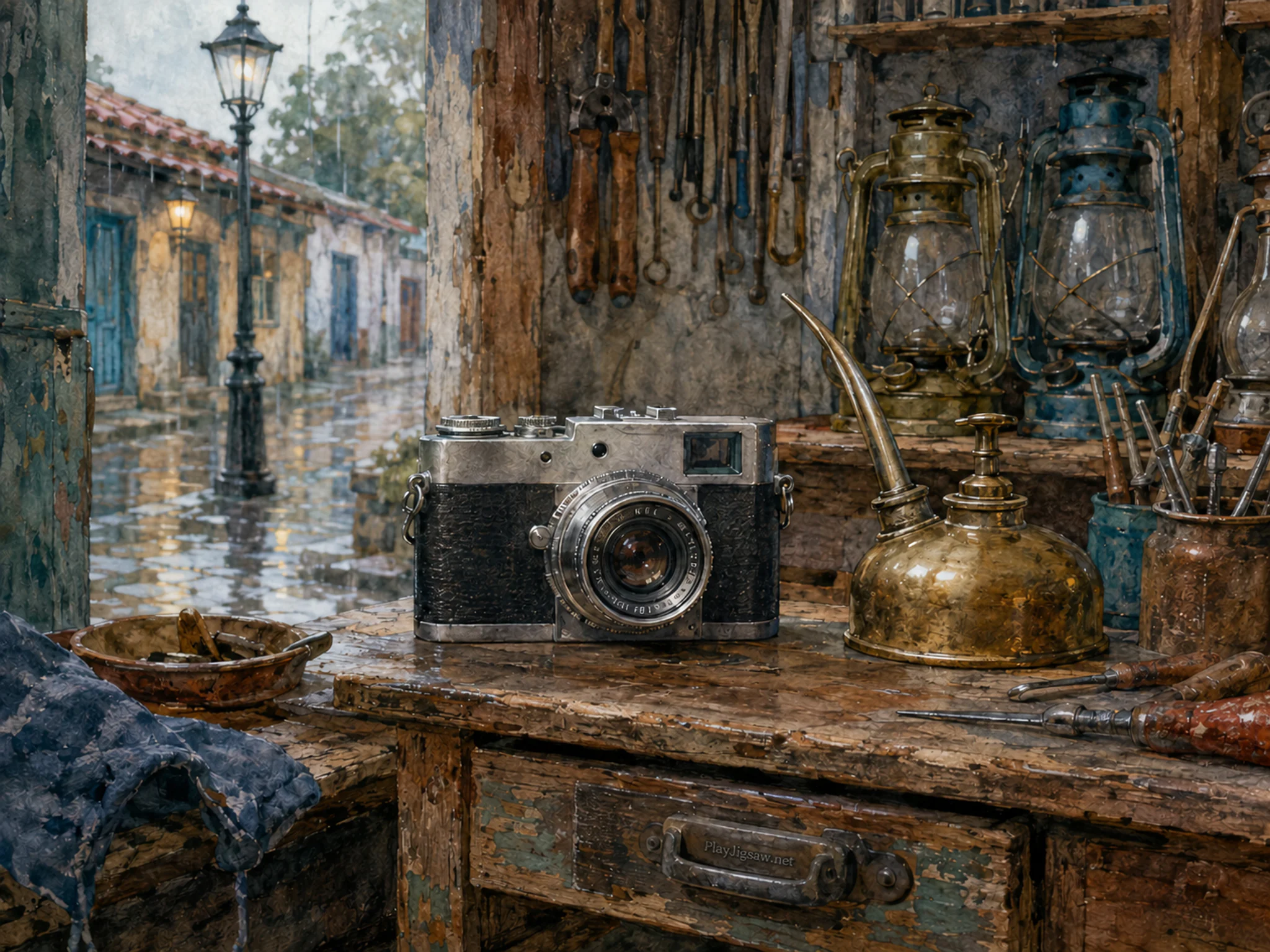 camera flea market displayed naturally beside a brass oil can in a neighborhood lantern-maker workshop with familiar hand tools, with familiar objects and gentle rain with crisp.