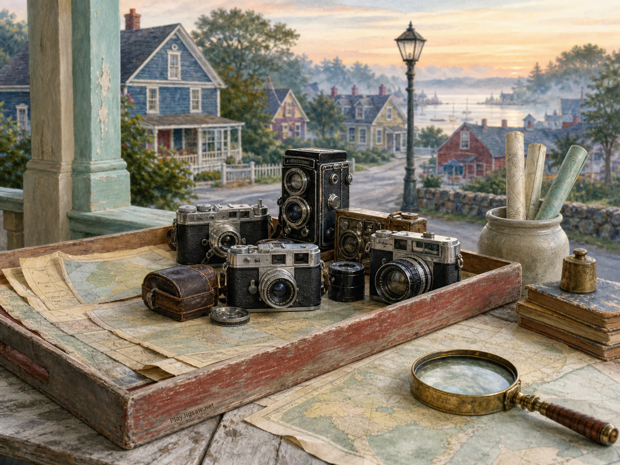 camera flea market displayed naturally beside a brass magnifier in a village archive table with maps showing no readable text, with familiar objects and calm misty dawn.
