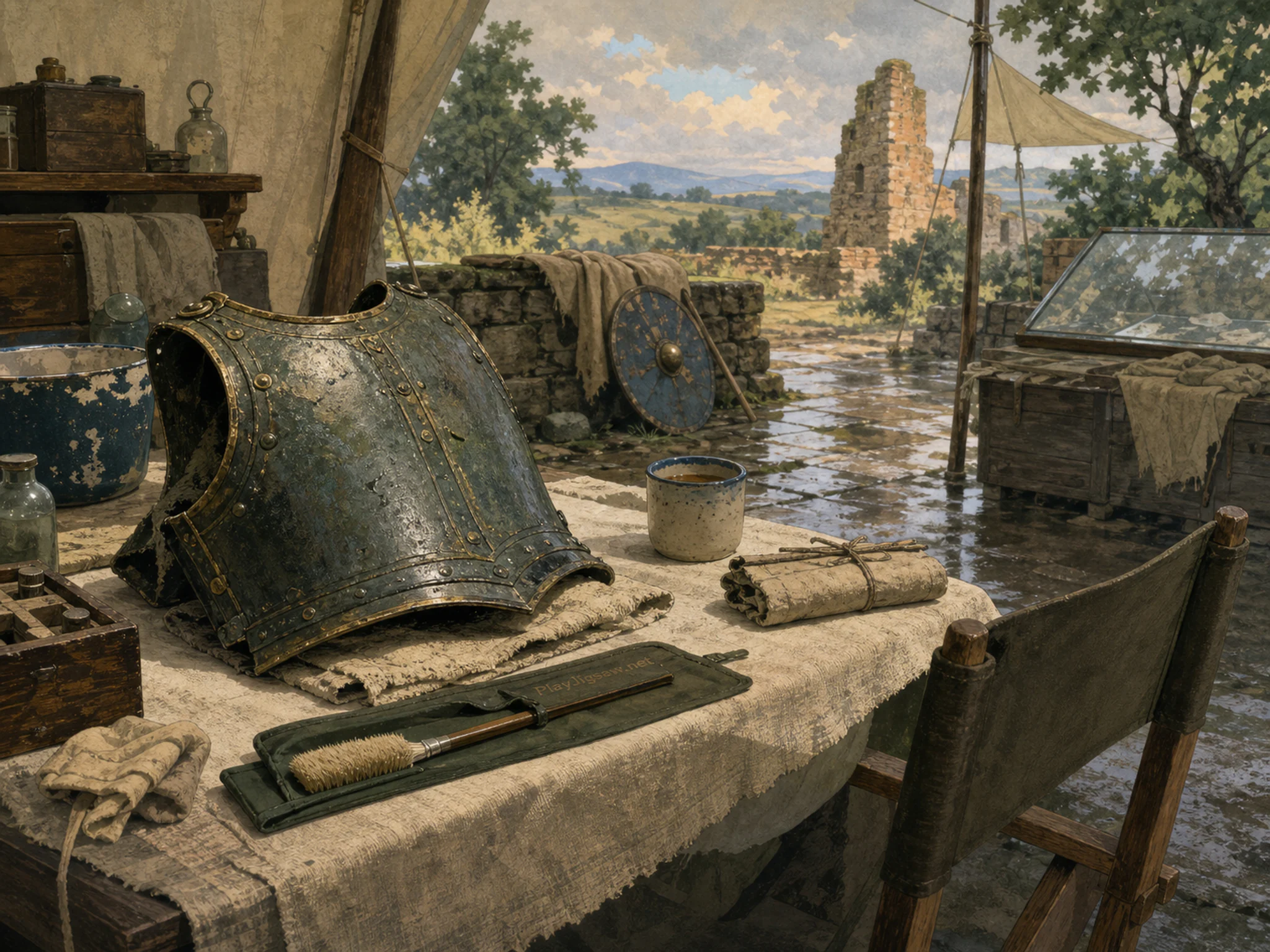 Armor Cleaning Table carefully restored on soft conservation brush in a canvas archaeological station, composed as central negative-space corridor surrounded by asymmetrical.