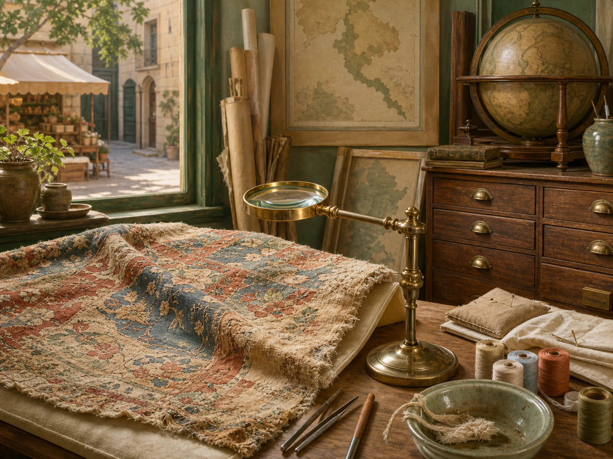 textile conservation displayed naturally beside a brass magnifier in a familiar study with a globe cabinet and blank maps, with familiar objects and golden kitchen-window light.