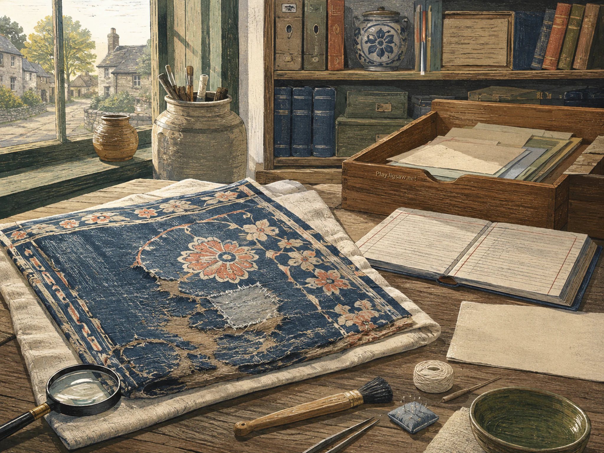 textile conservation displayed naturally beside a wooden document box in a village archive table with a reading register and blank documents, with familiar objects and clear.